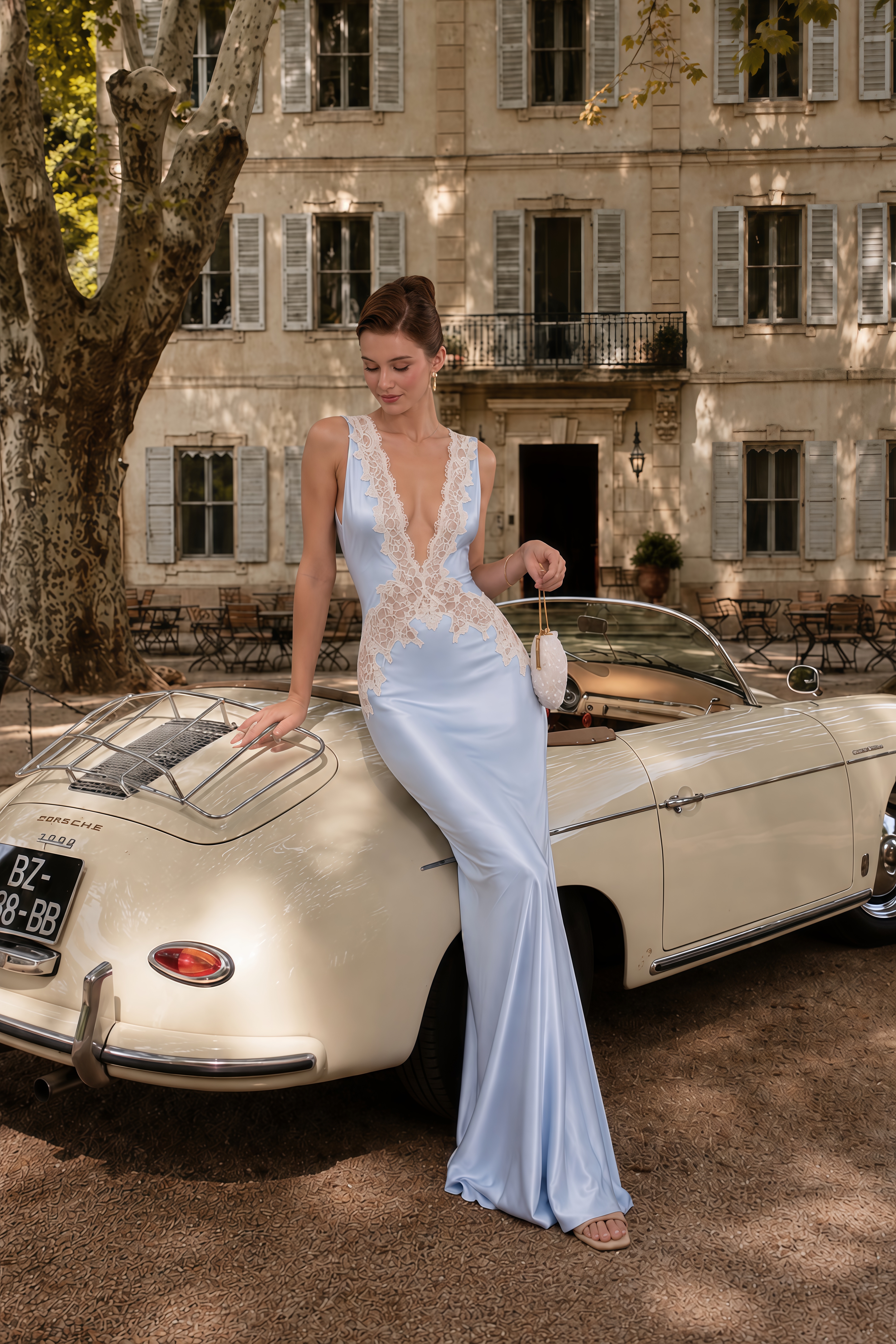 Quitterie Blue Satin Lace Trim Satin Maxi Dress