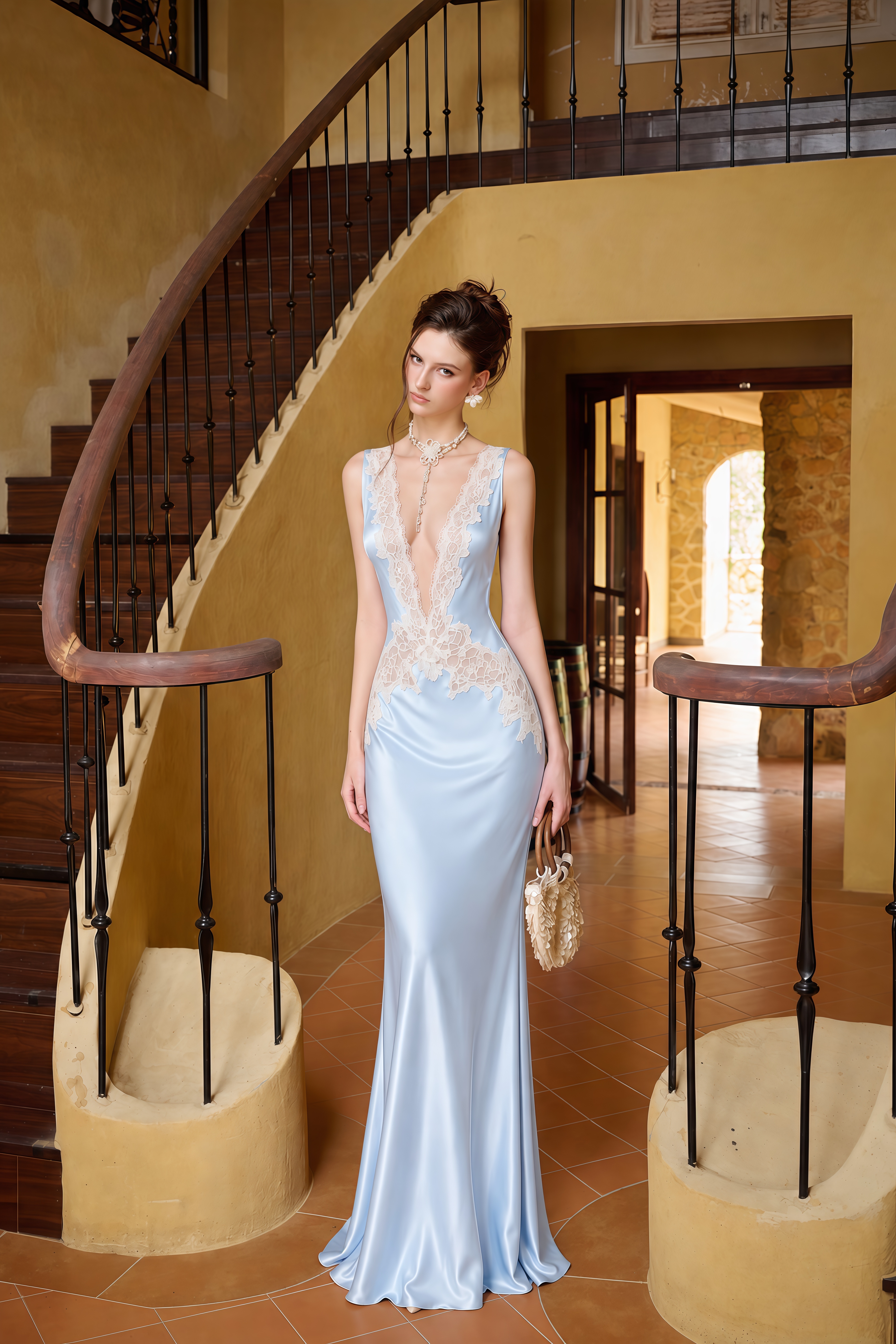 Quitterie Blue Satin Lace Trim Satin Maxi Dress