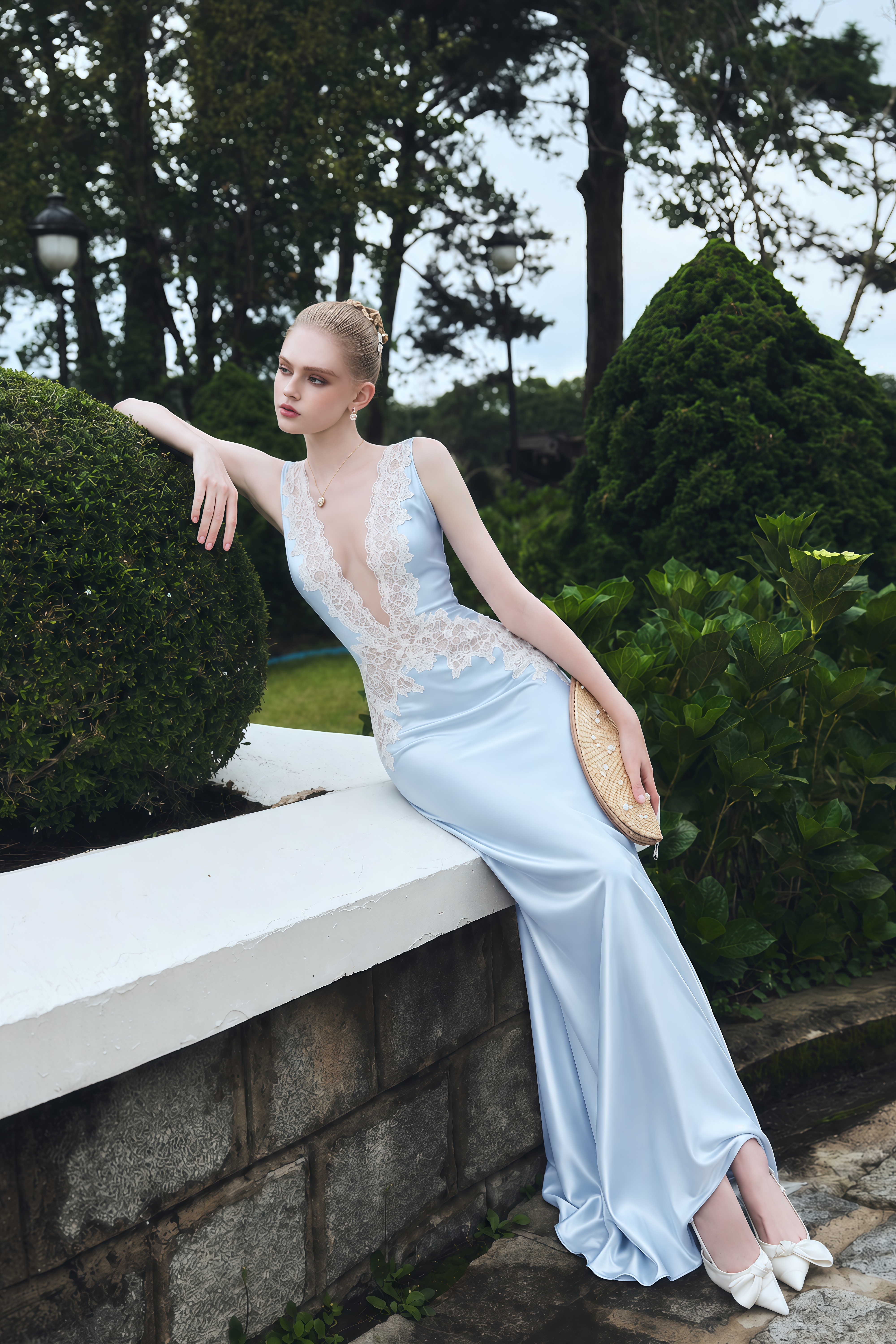 Quitterie Blue Satin Lace Trim Satin Maxi Dress