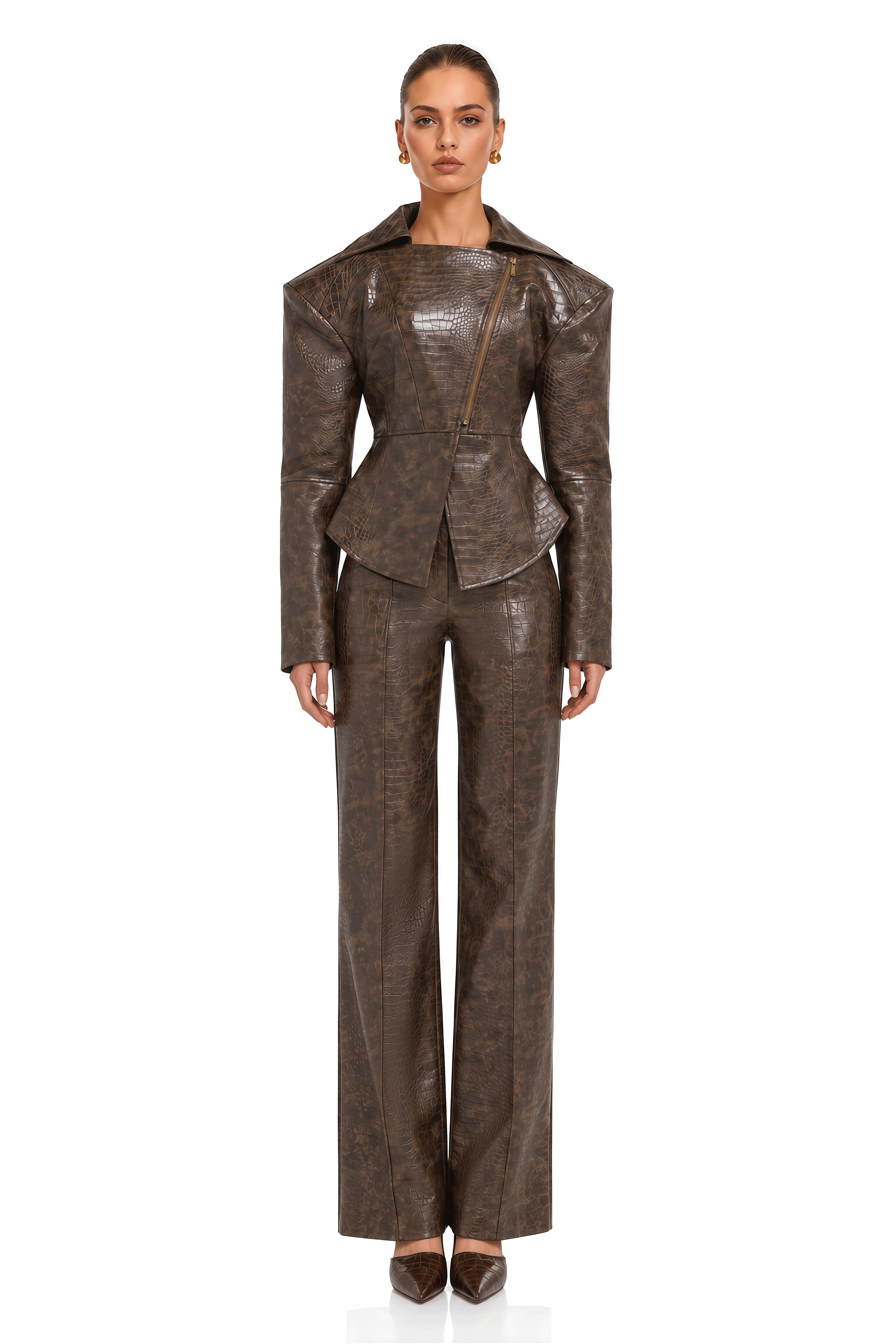 Rabaab Brown Croc-Effect Structured Peplum Jacket