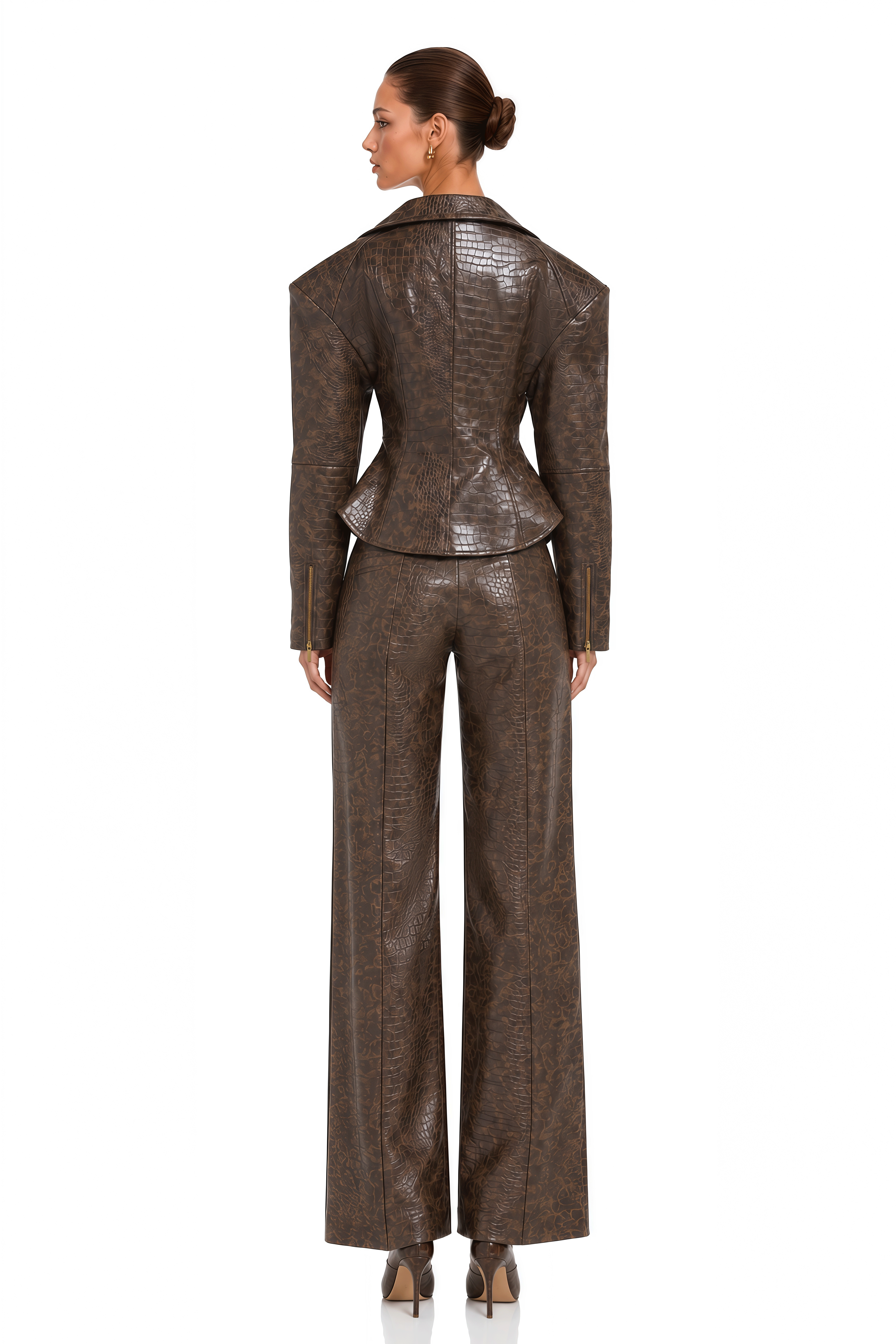 Rabaab Brown Croc-Effect Structured Peplum Jacket