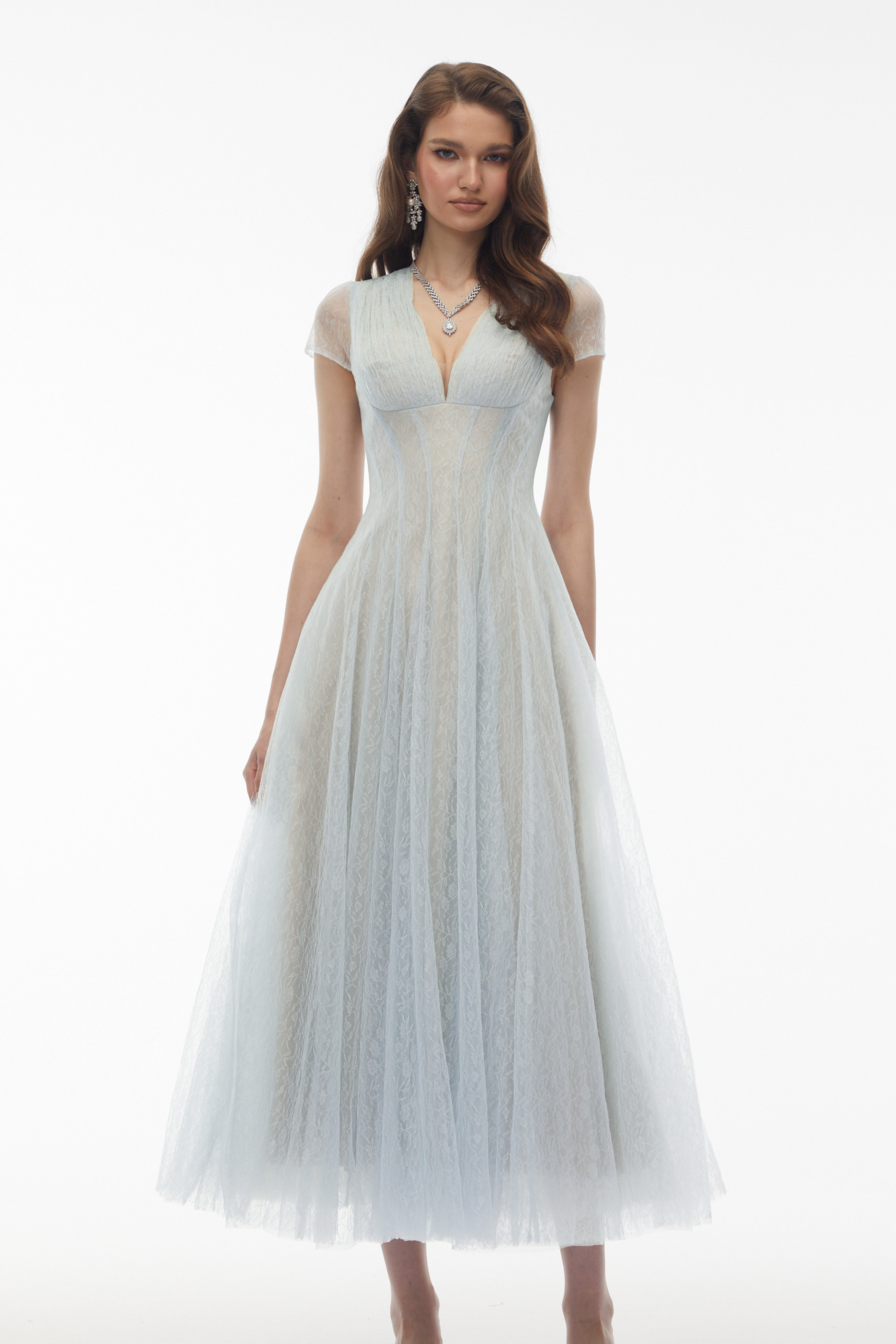 Radiya Blue Floral Lace Pleated Maxi Dress