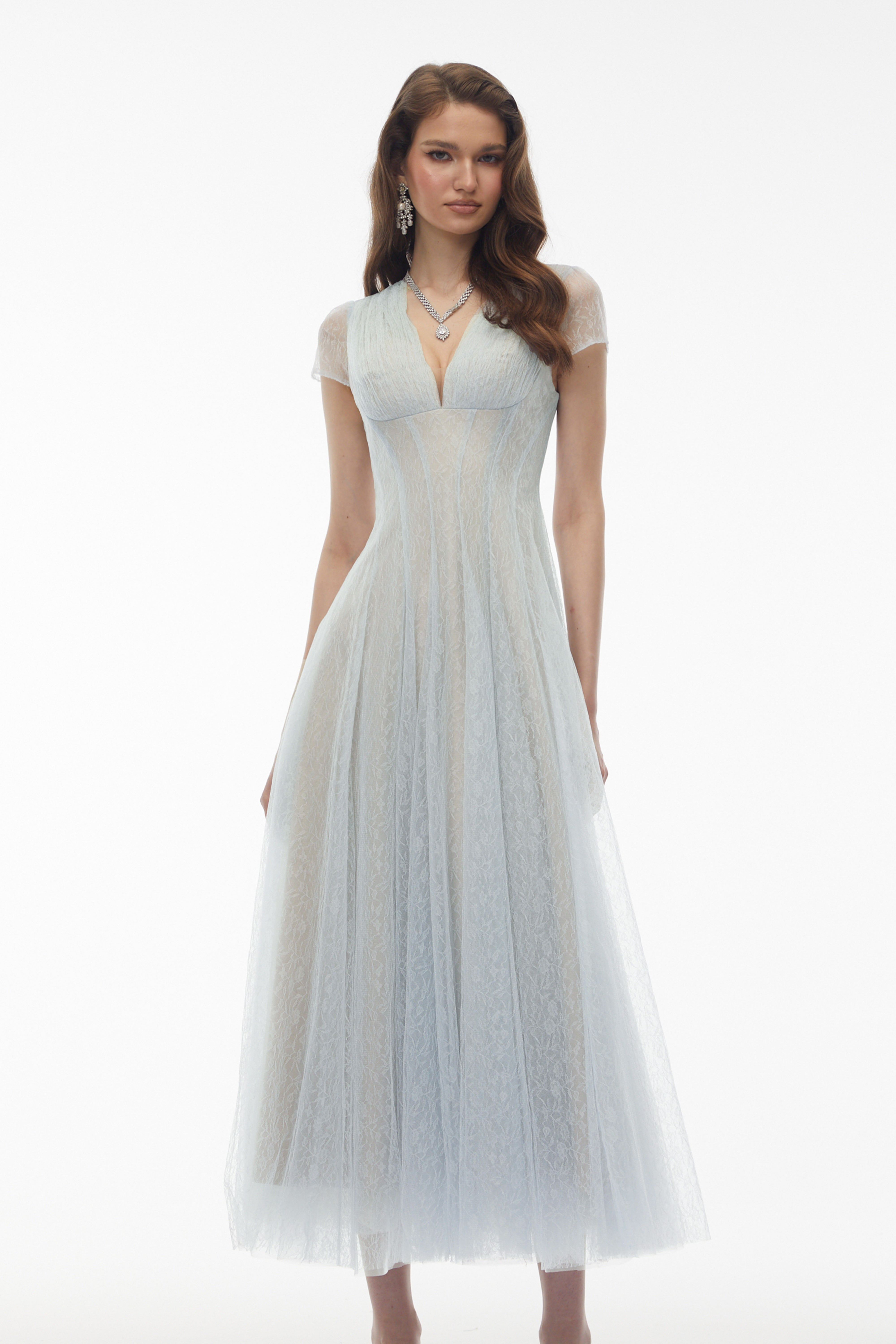 Radiya Blue Floral Lace Pleated Maxi Dress – Miss Rosier - Women's