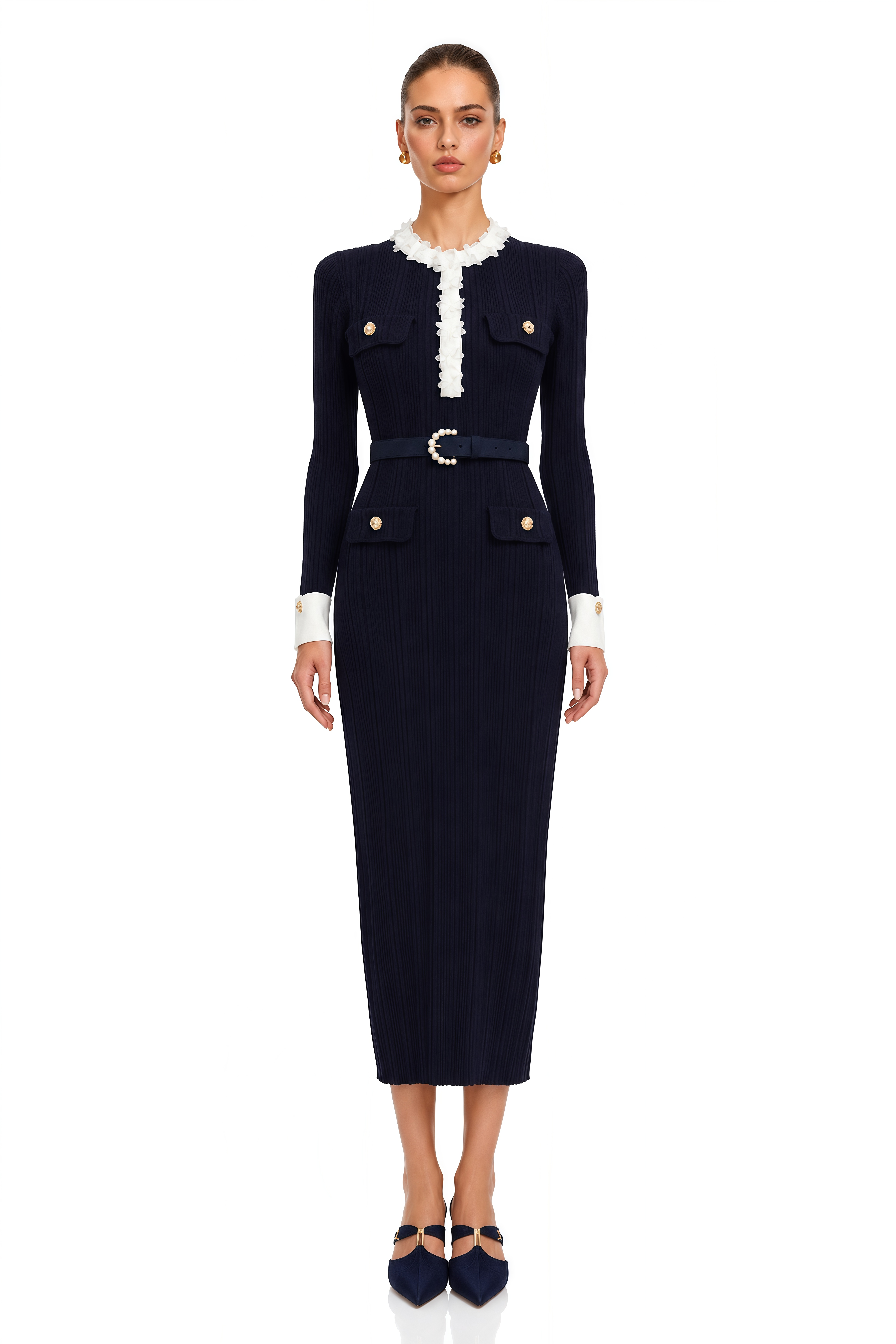 Raffaella Navy Blue Contrast Ruffle Trim Ribbed Knit Midi Dress