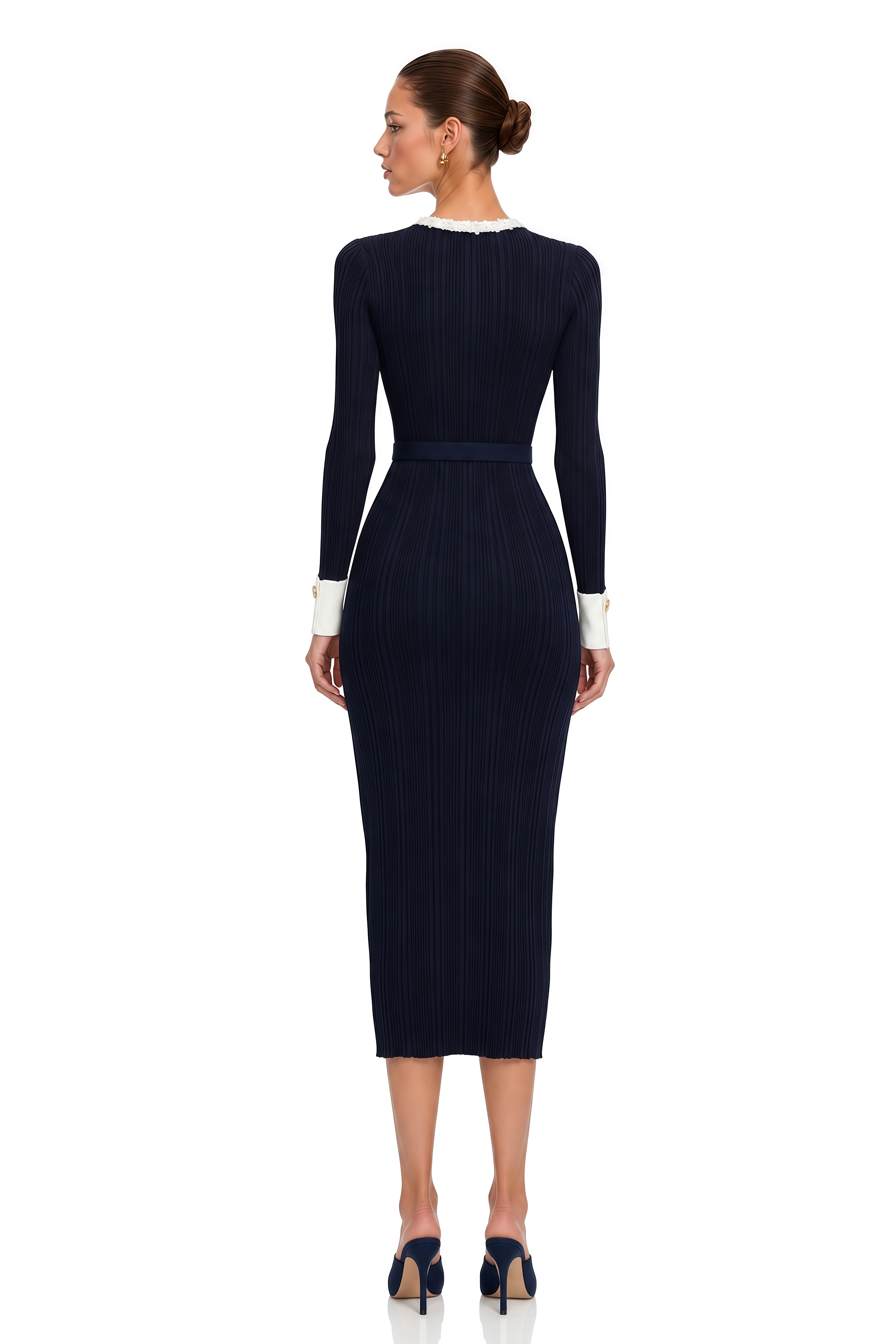 Raffaella Navy Blue Contrast Ruffle Trim Ribbed Knit Midi Dress