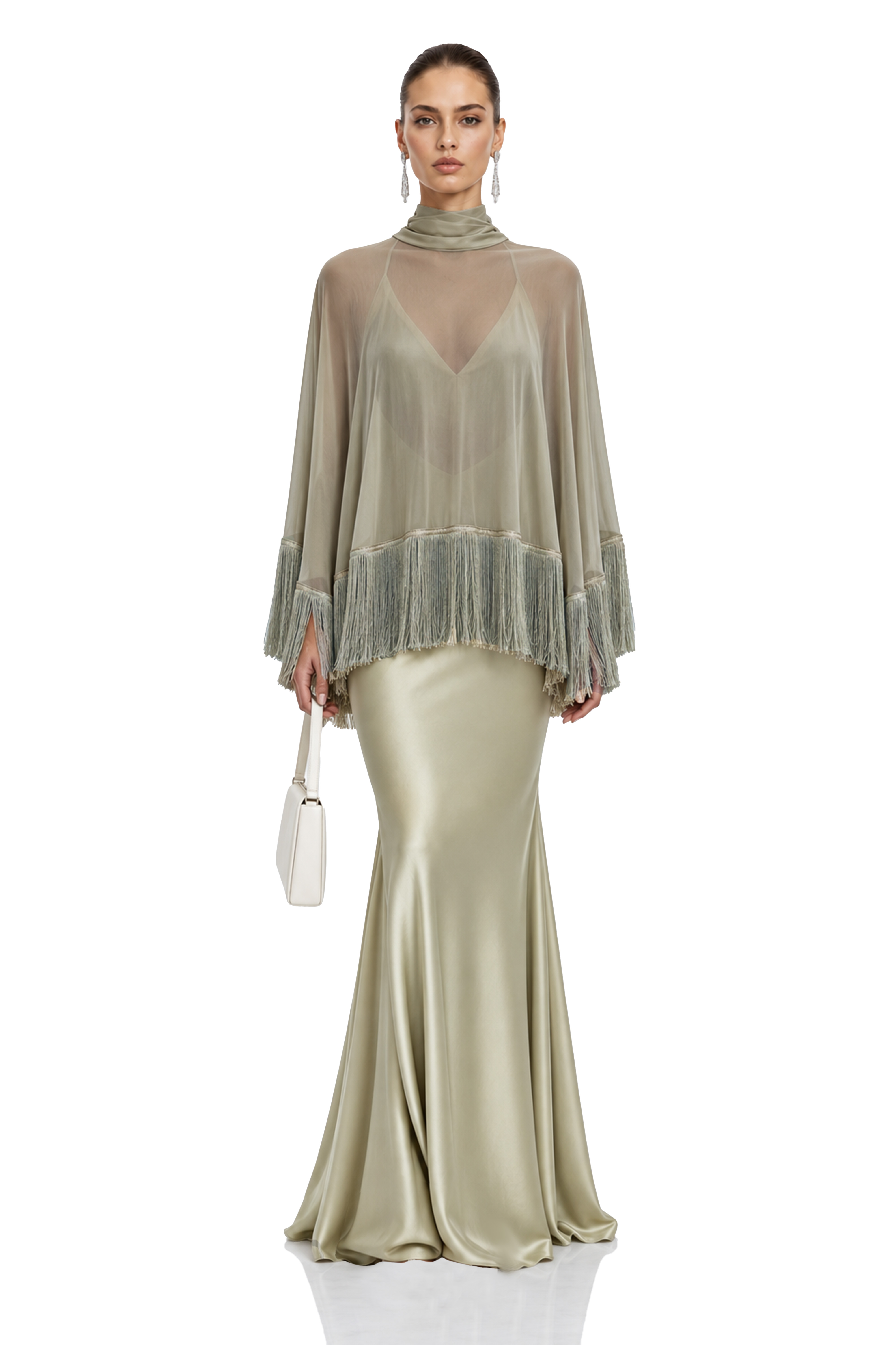 Ravena Sage Green Fringe Cape Top & Maxi Dress Set