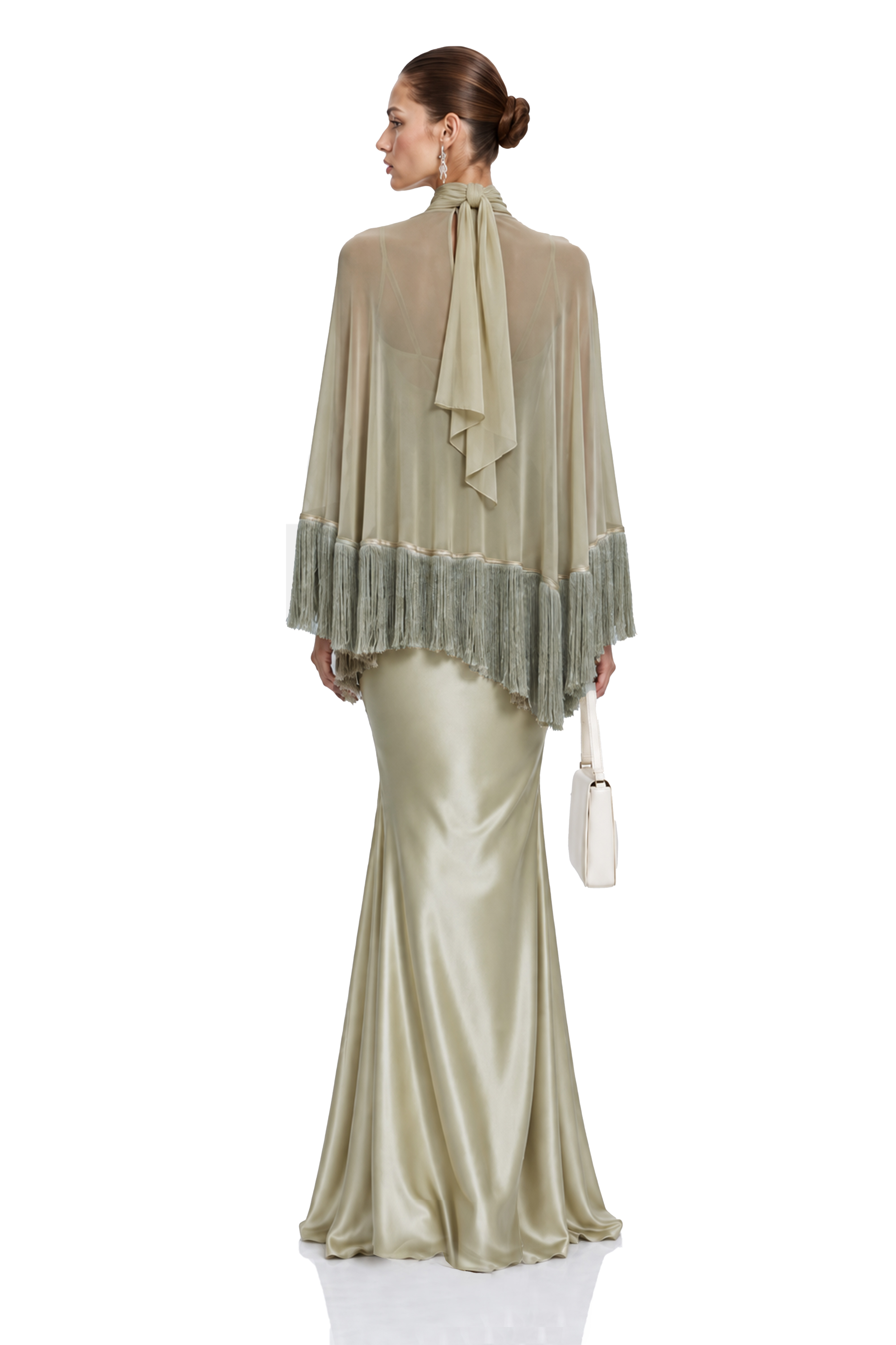 Ravena Sage Green Fringe Cape Top & Maxi Dress Set