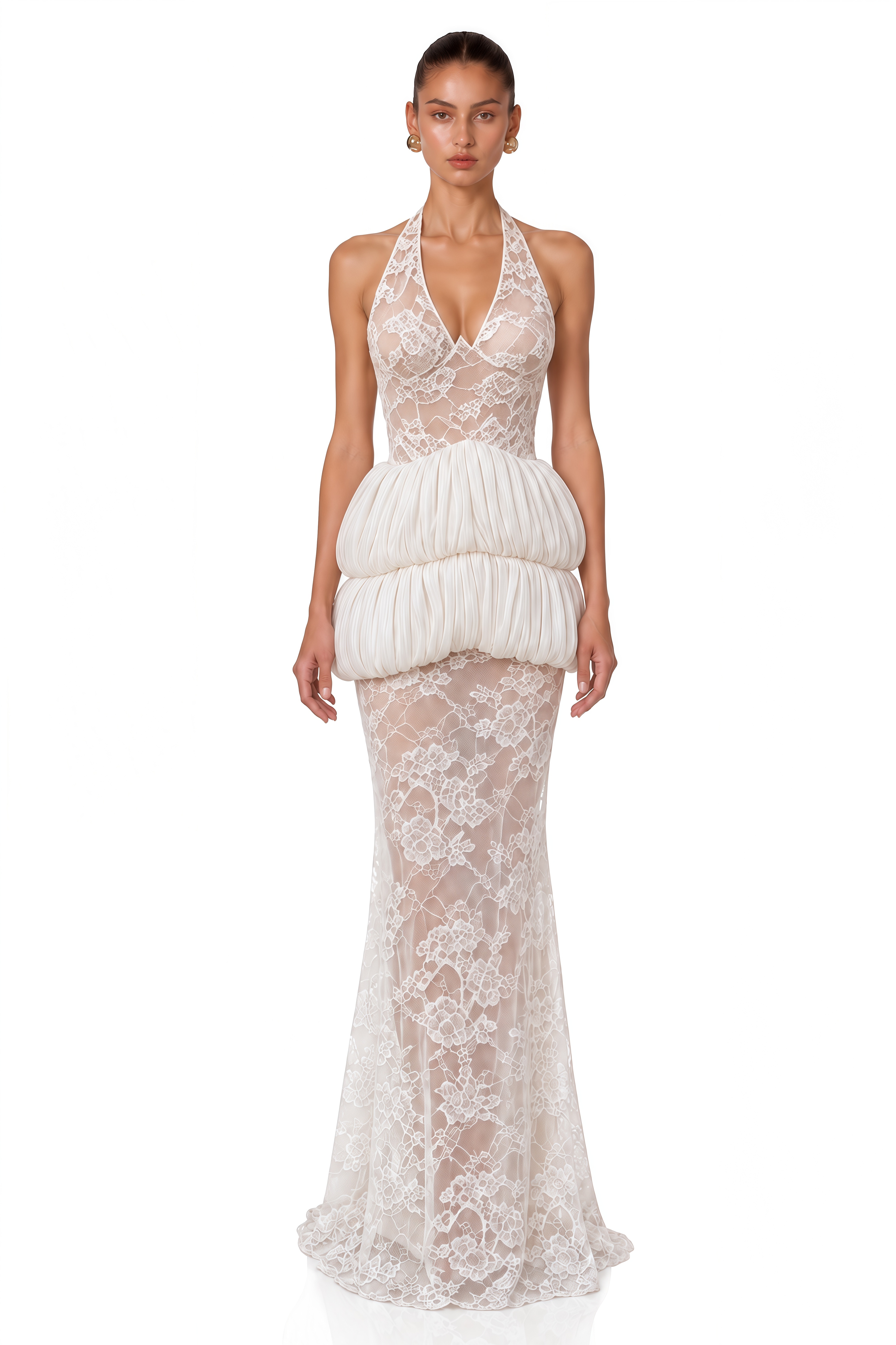 Raya Ivory Lace Halterneck Peplum Maxi Dress