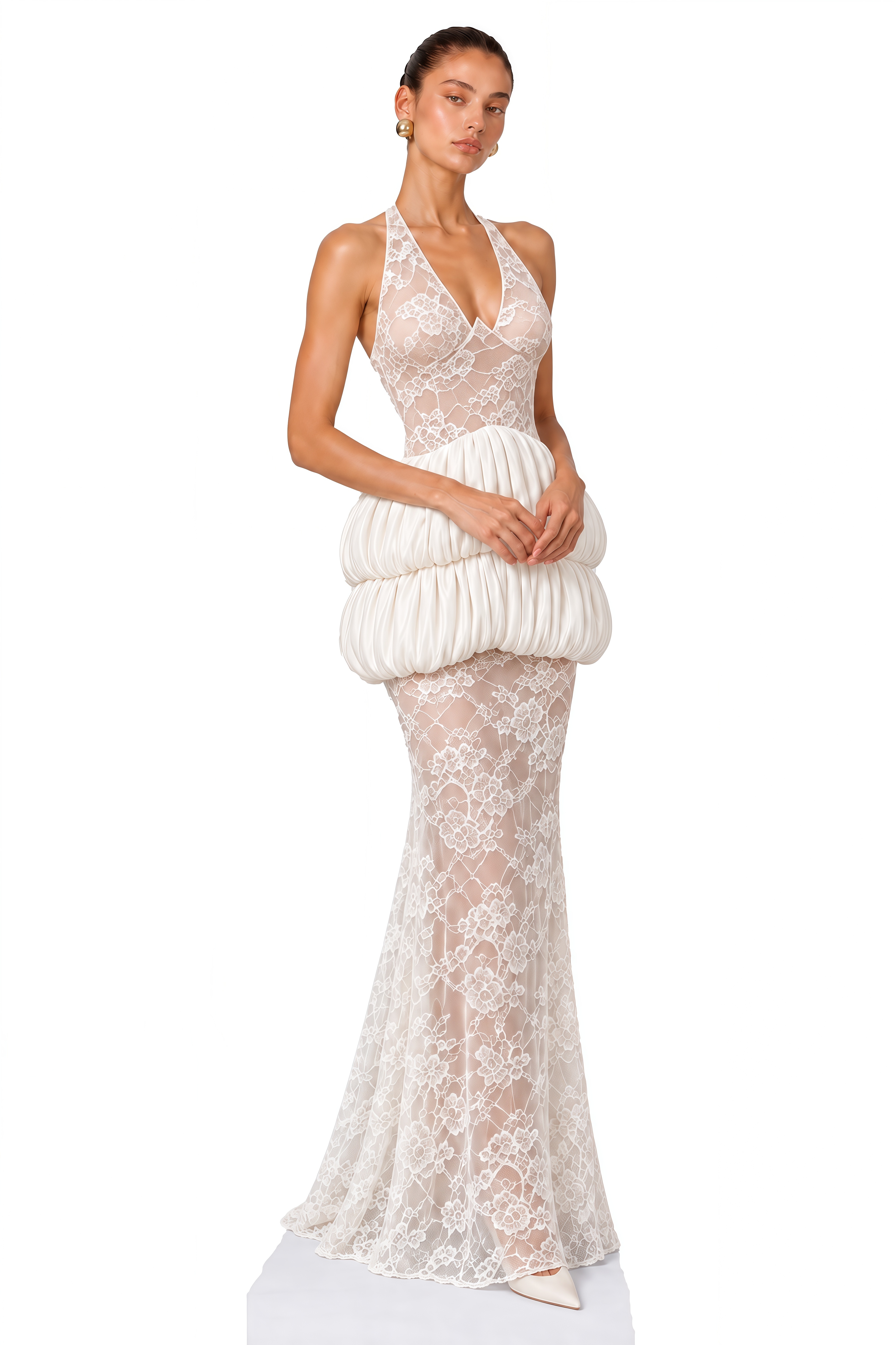Raya Ivory Lace Halterneck Peplum Maxi Dress