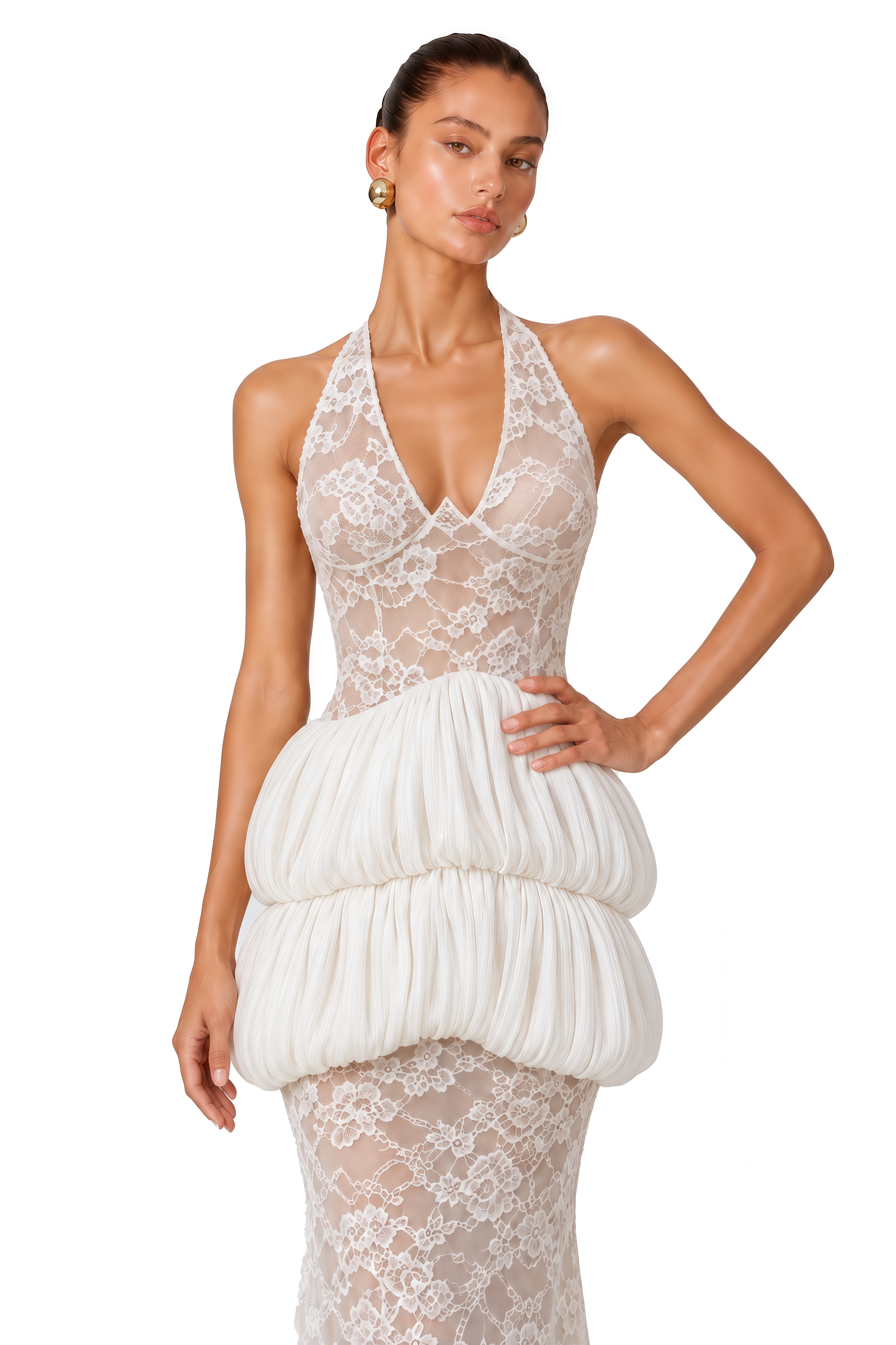 Raya Ivory Lace Halterneck Peplum Maxi Dress
