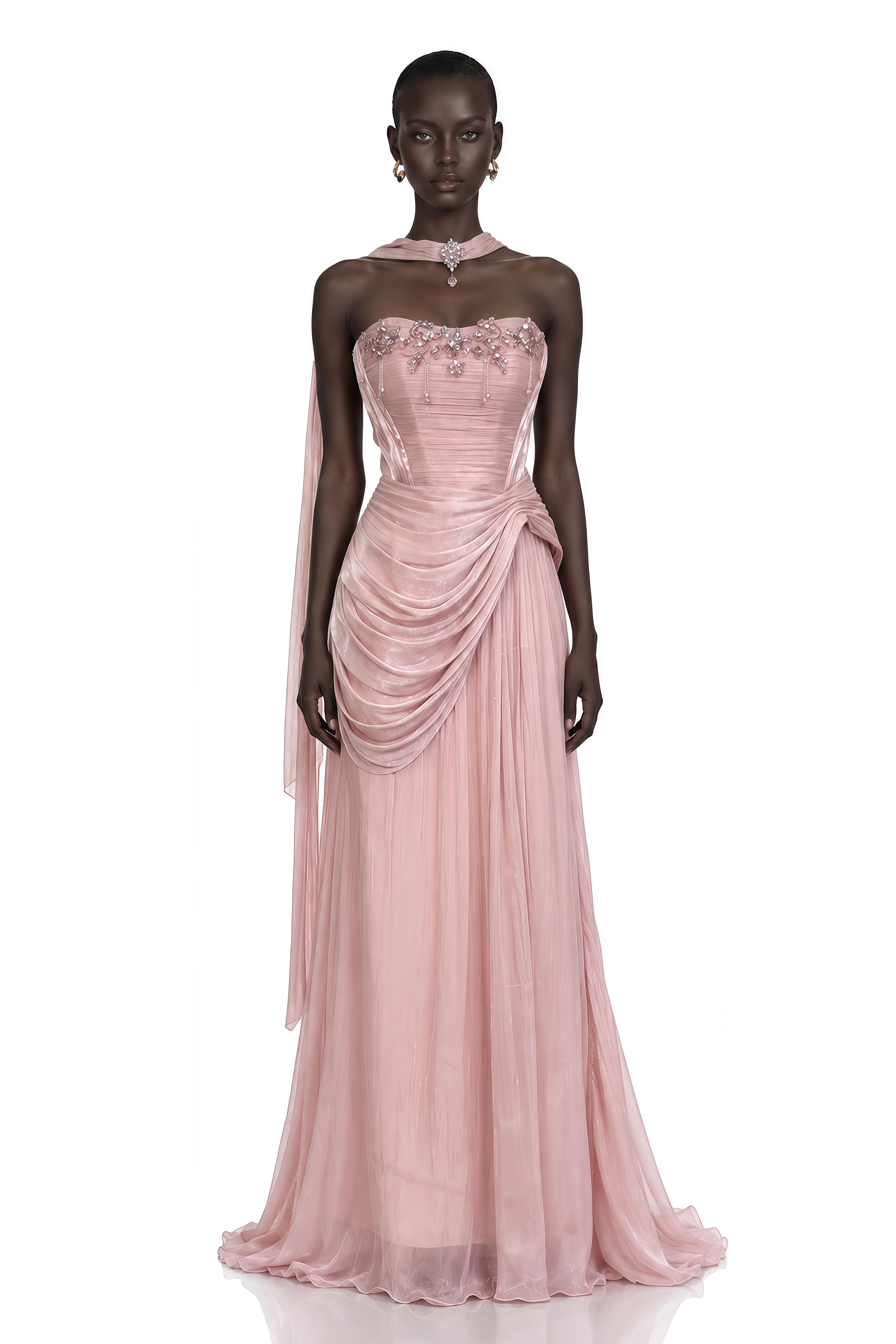 Raye Pink Embellished Strapless Draped Maxi Dress