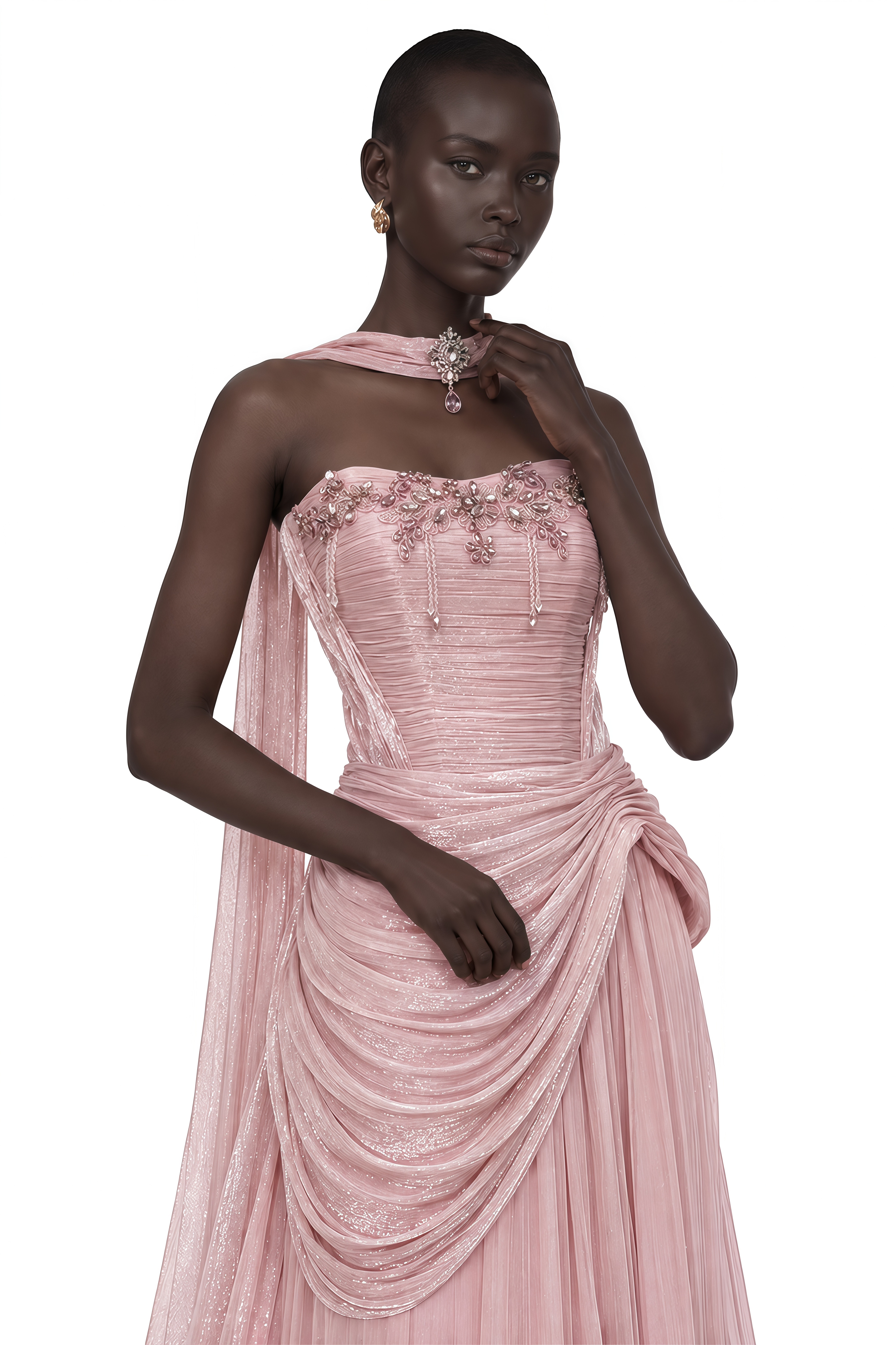 Raye Pink Embellished Strapless Draped Maxi Dress
