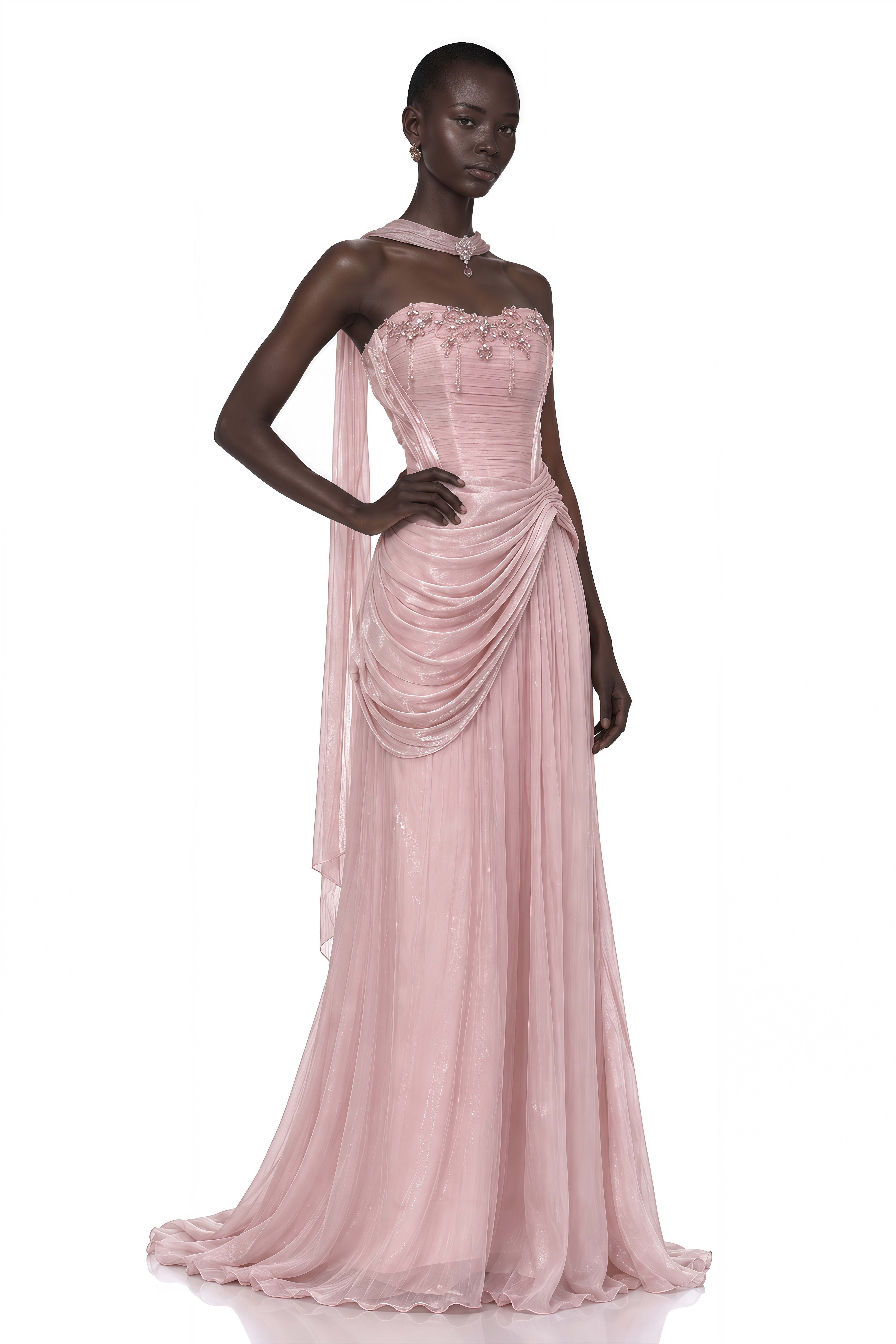 Raye Pink Embellished Strapless Draped Maxi Dress