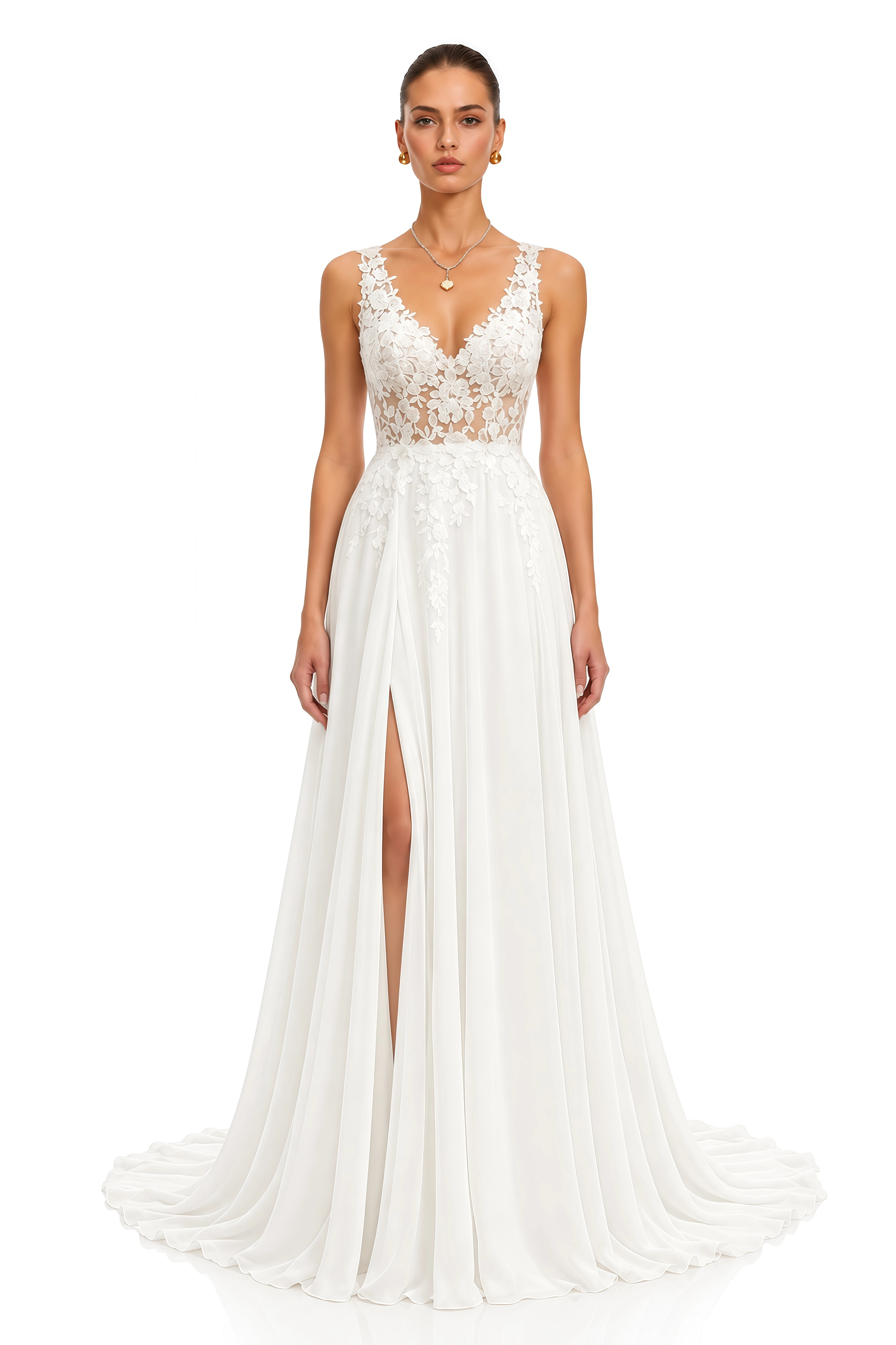 Razan White Lace V-Neck Maxi Dress with Slit