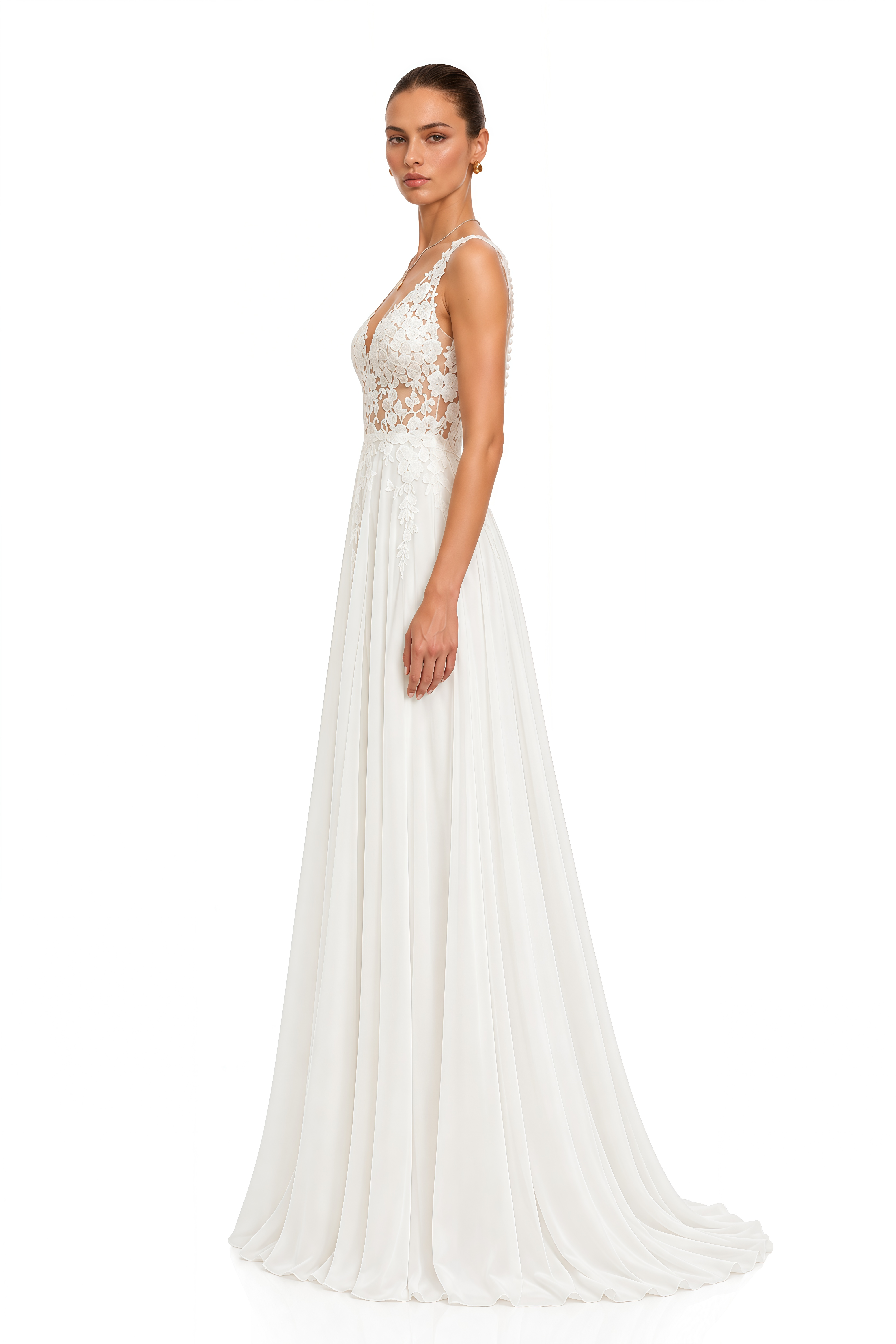 Razan White Lace V-Neck Maxi Dress with Slit