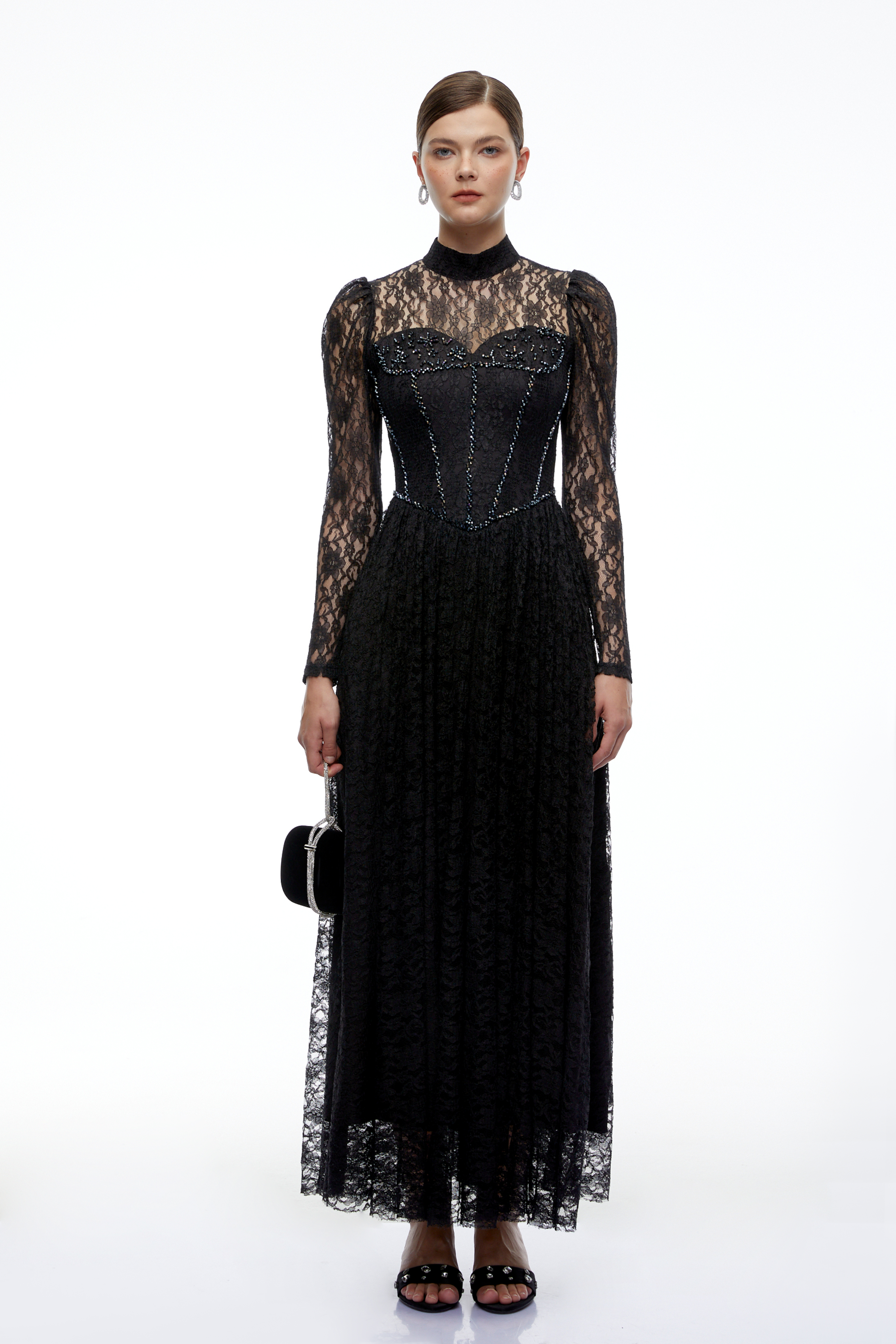 Reagan Black Lace High Neck Long Sleeve Maxi Dress