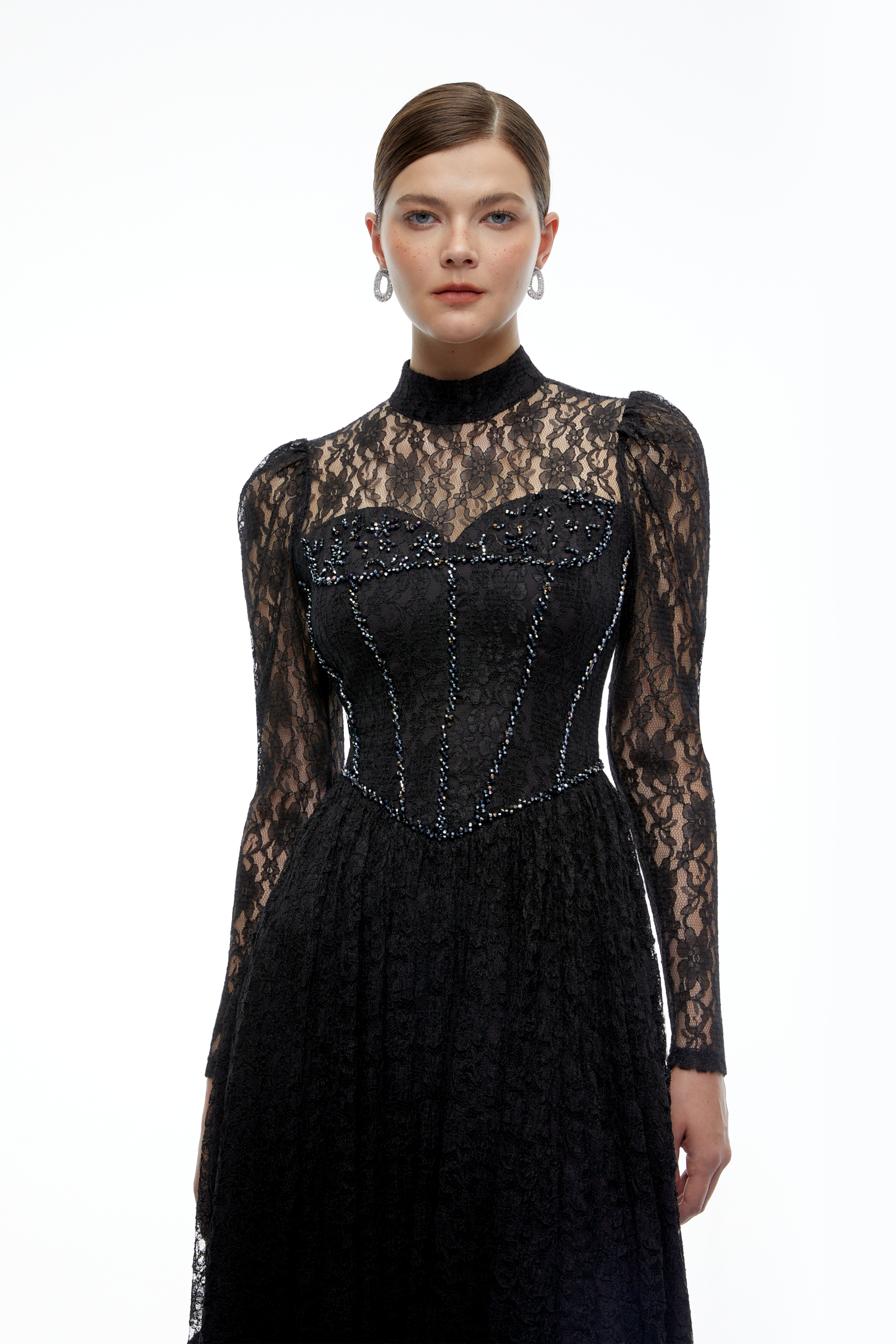Reagan Black Lace High Neck Long Sleeve Maxi Dress
