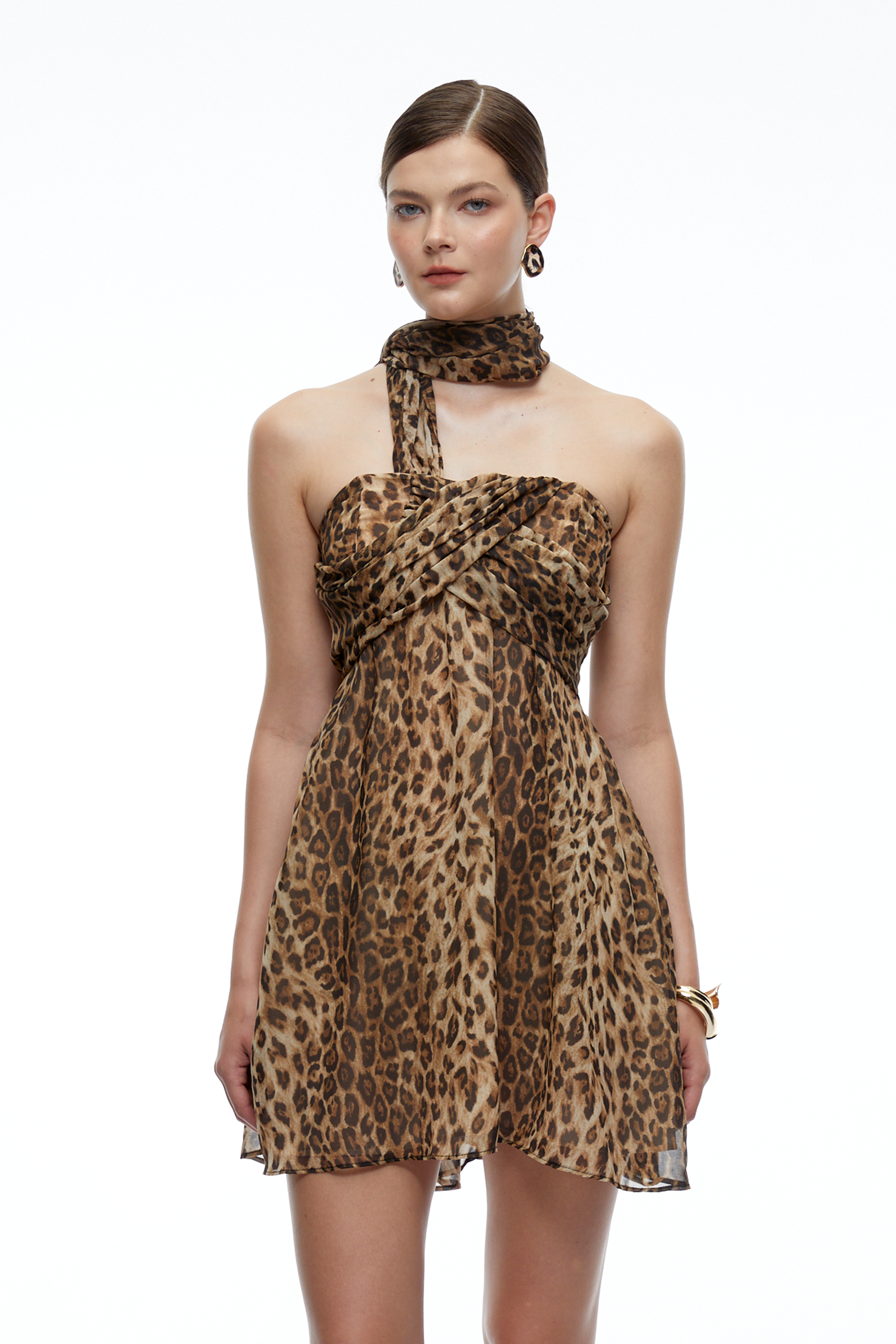 Reese Brown Leopard Print Halterneck Mini Dress