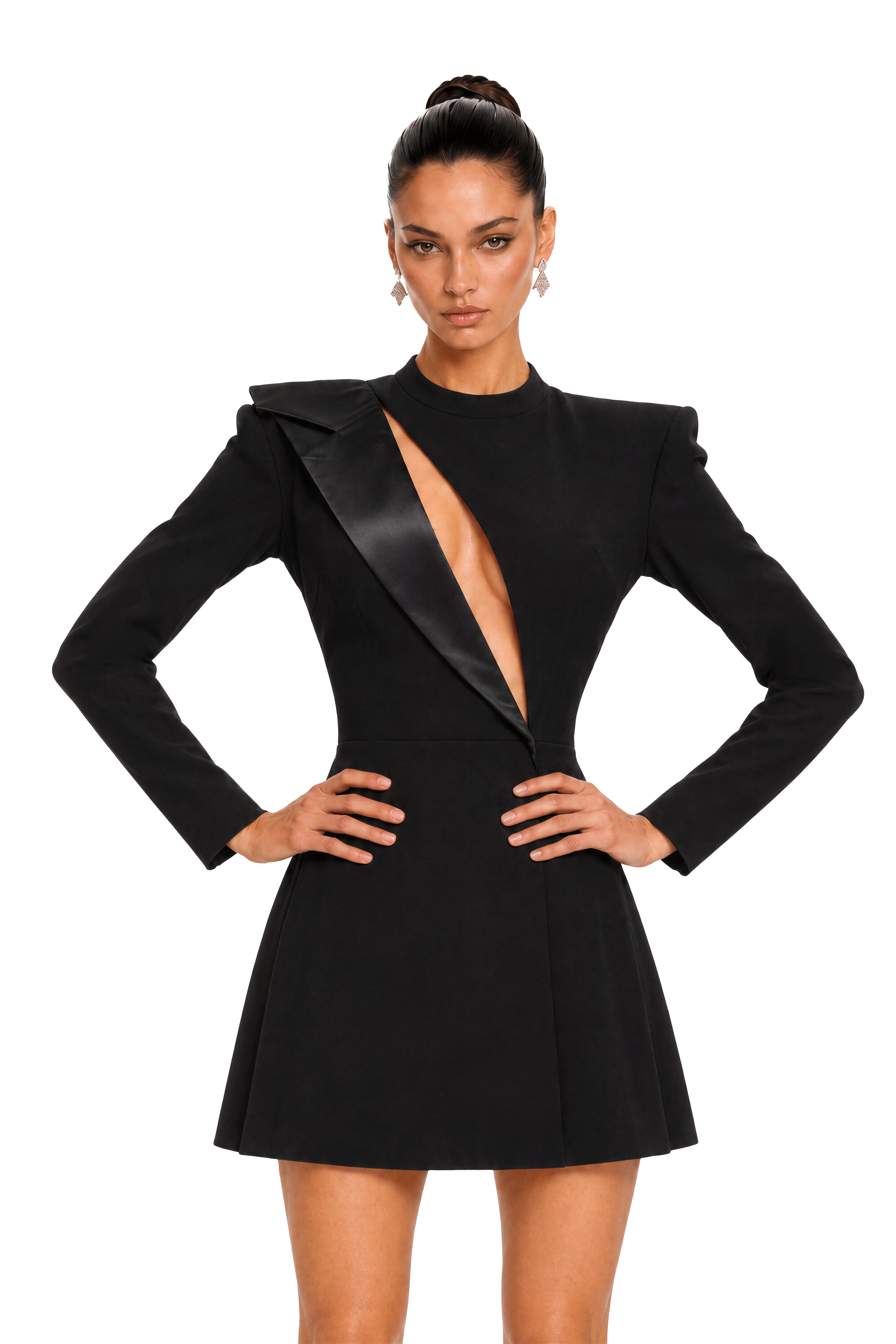 Regina Black Asymmetrical Cut-Out Satin-Lapel Blazer Mini Dress