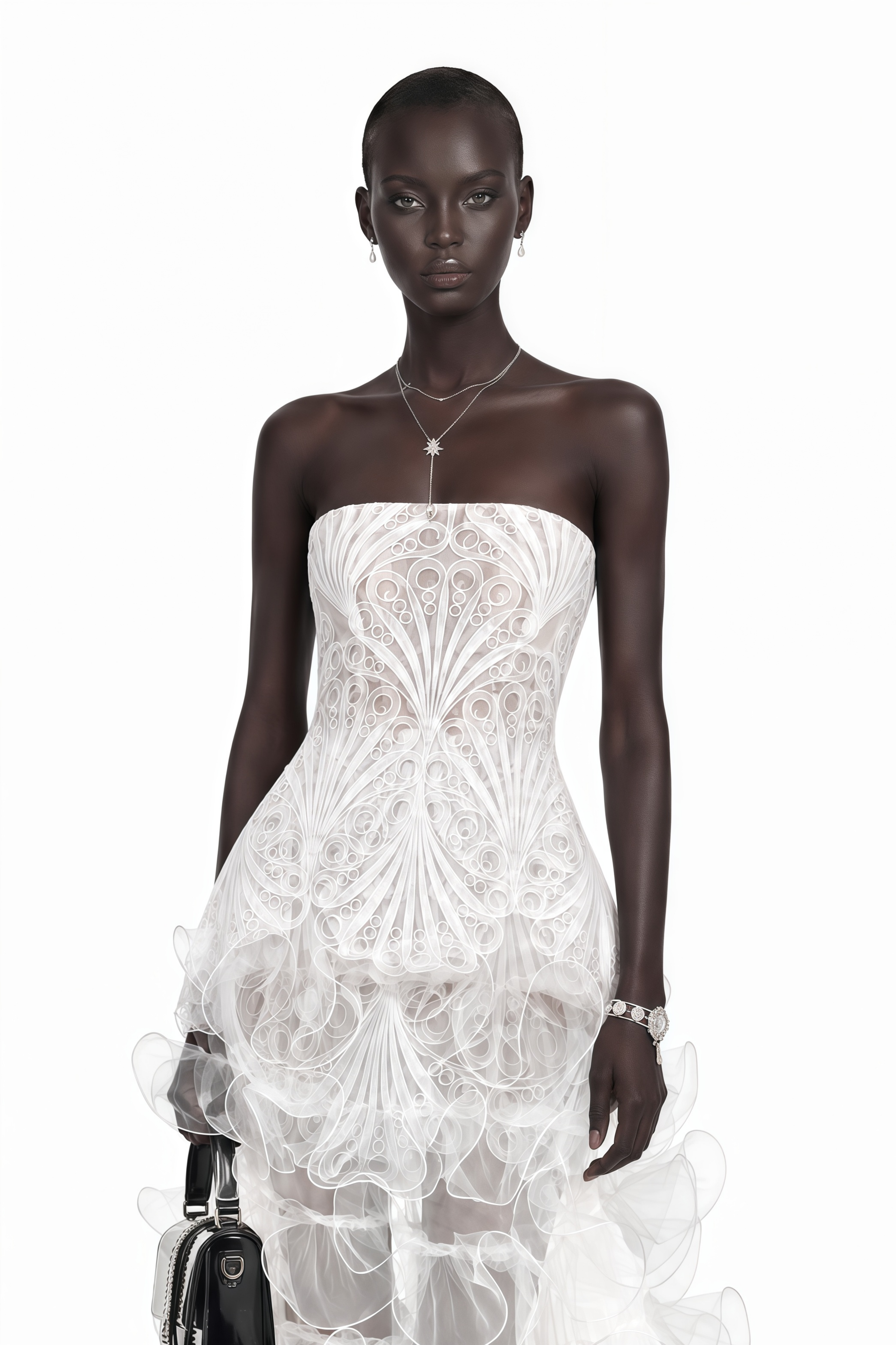 Rehmat White Strapless Lace Top & Ruffle Maxi Skirt Set