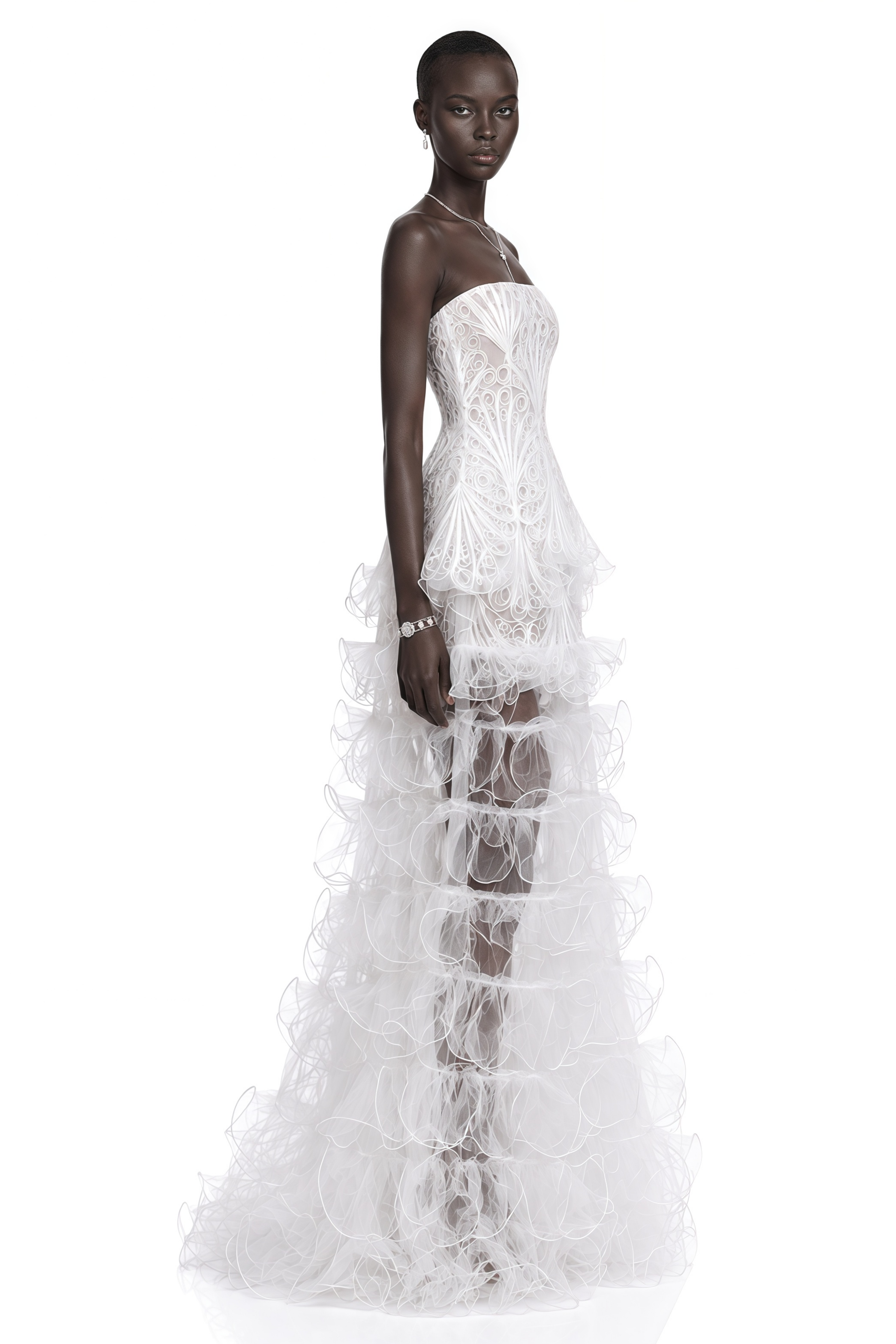 Rehmat White Strapless Lace Top & Ruffle Maxi Skirt Set