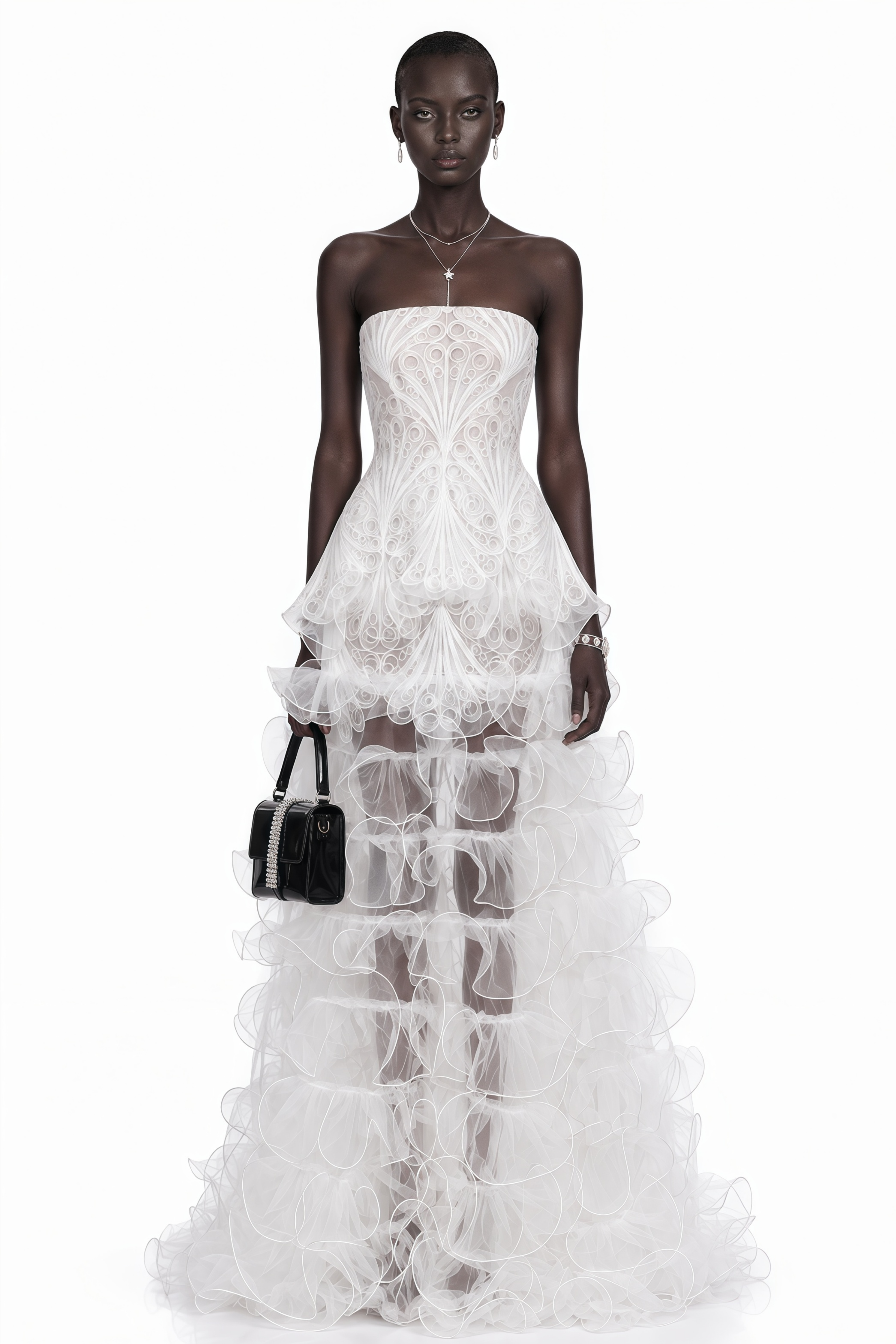 Rehmat White Strapless Lace Top & Ruffle Maxi Skirt Set
