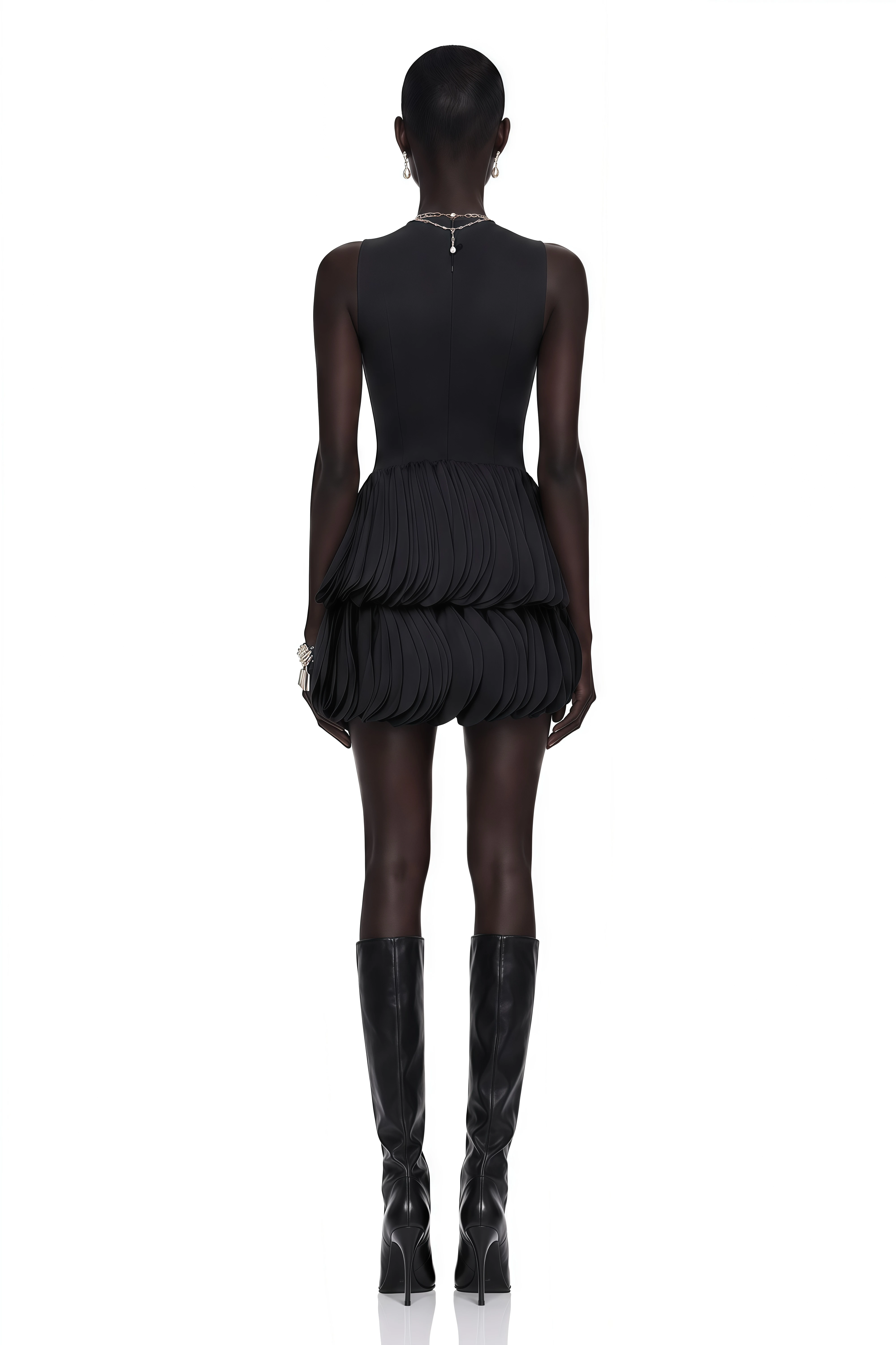 Renee Black Tiered Mini Dress with Faux Leather Bodice