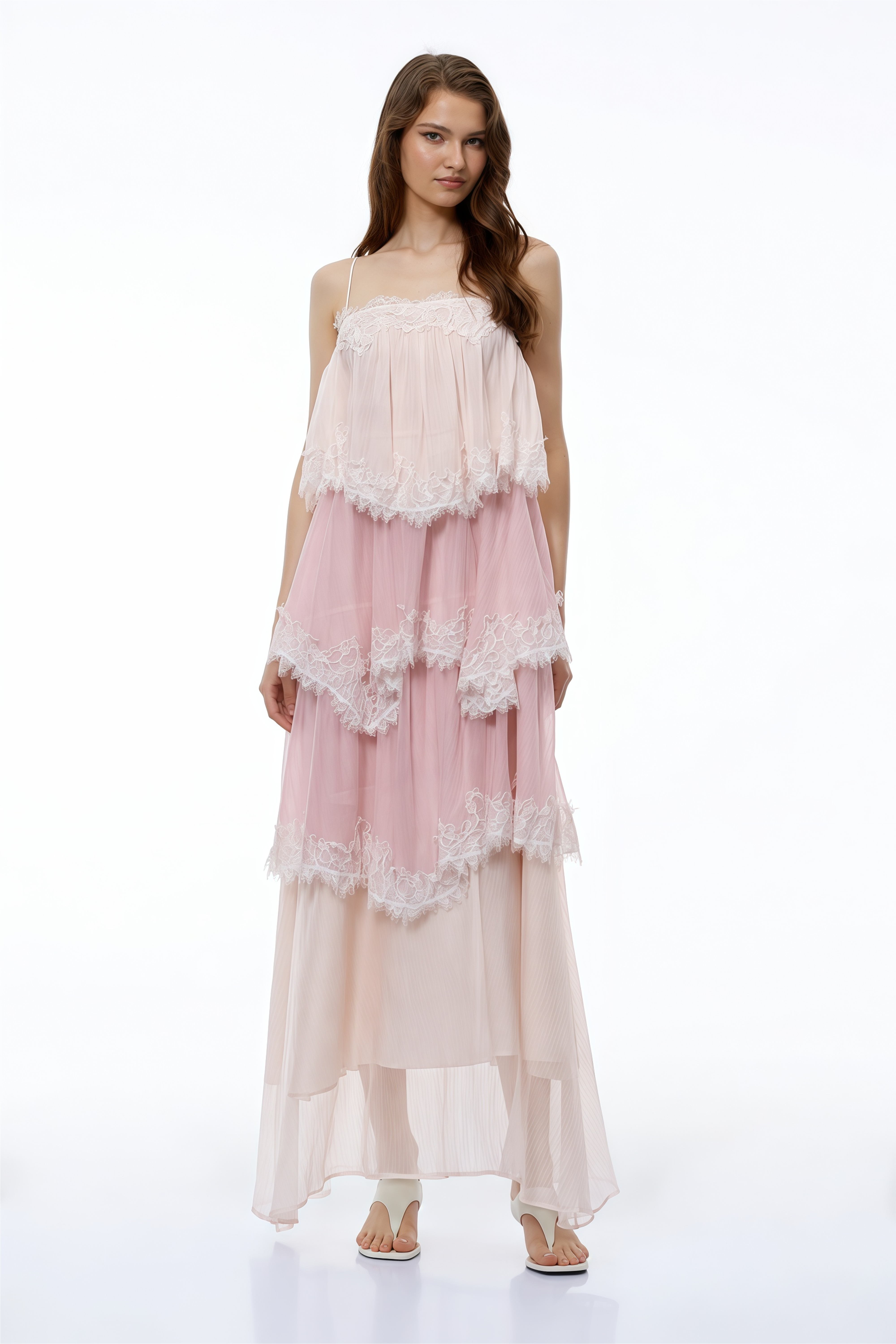 Rhema Blush Pink Tiered Maxi Dress with Lace Trim