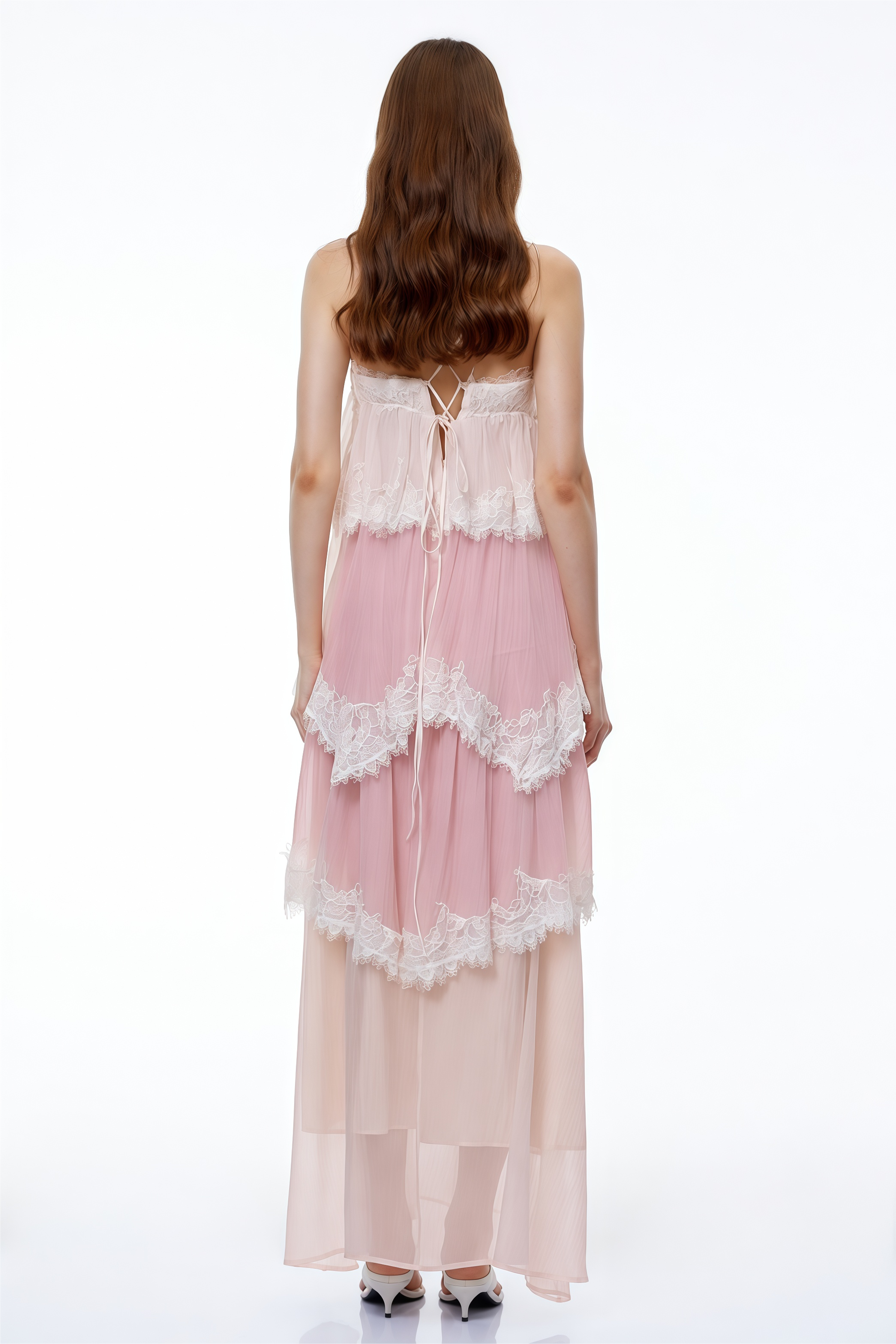 Rhema Blush Pink Tiered Maxi Dress with Lace Trim