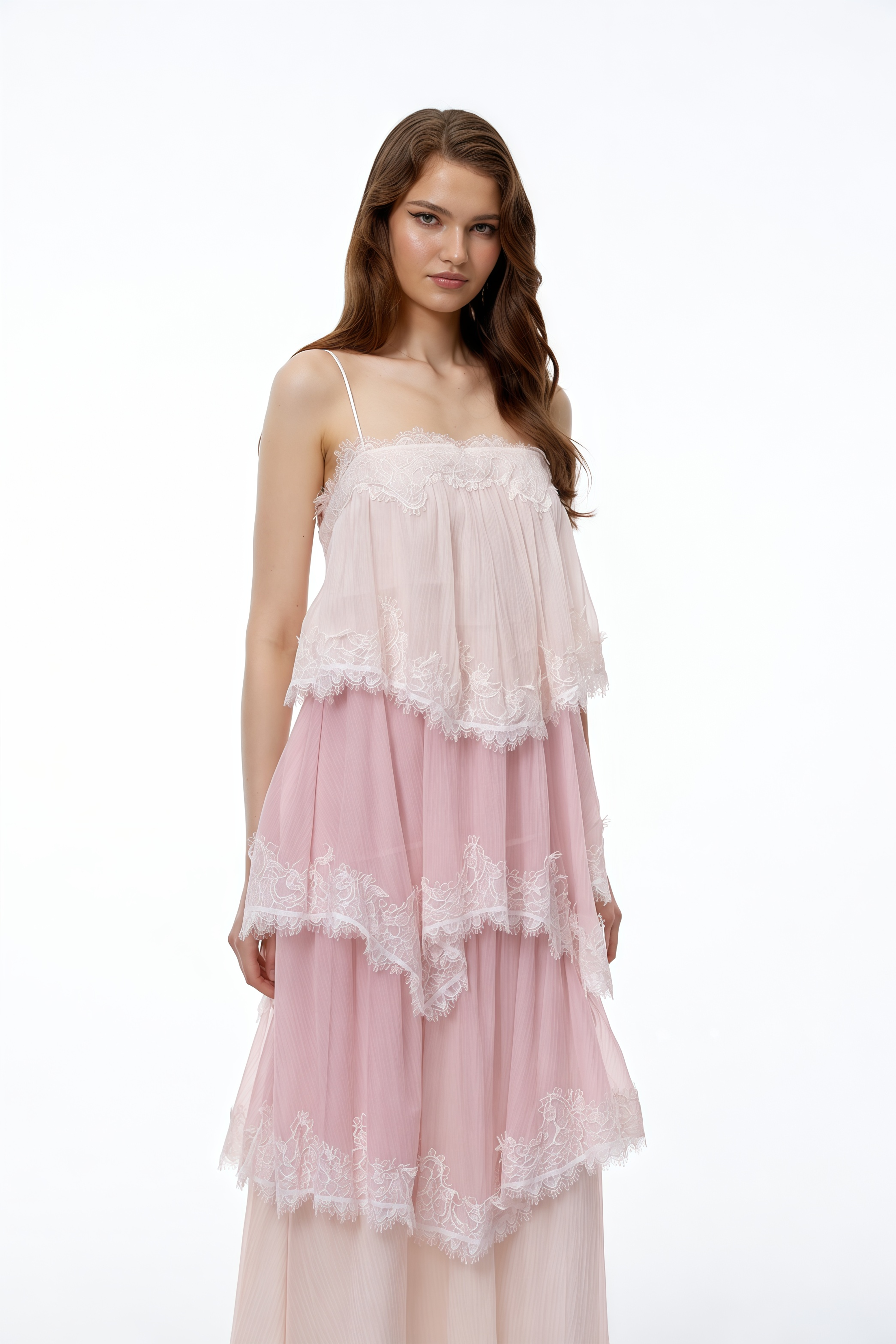 Rhema Blush Pink Tiered Maxi Dress with Lace Trim