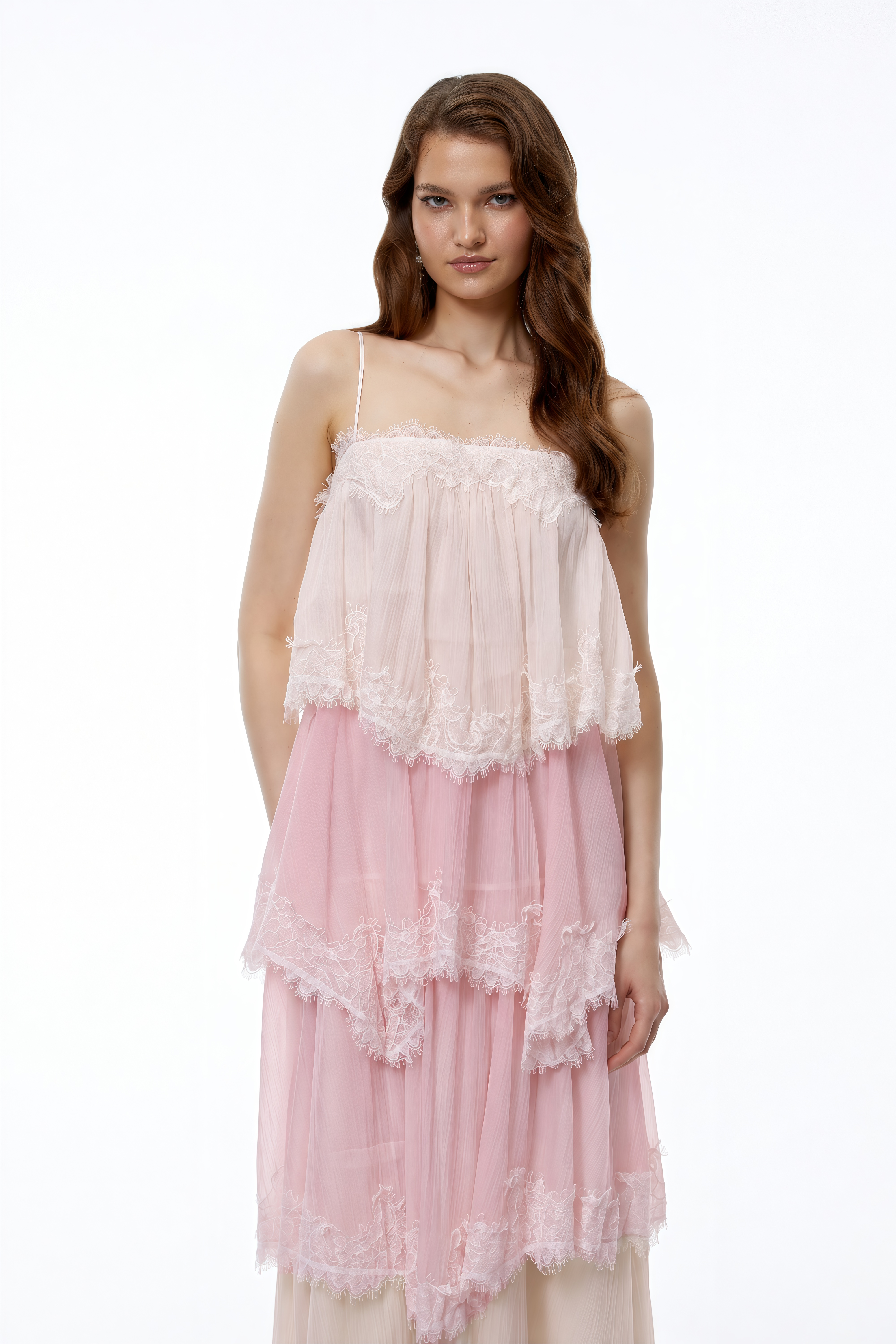Rhema Blush Pink Tiered Maxi Dress with Lace Trim