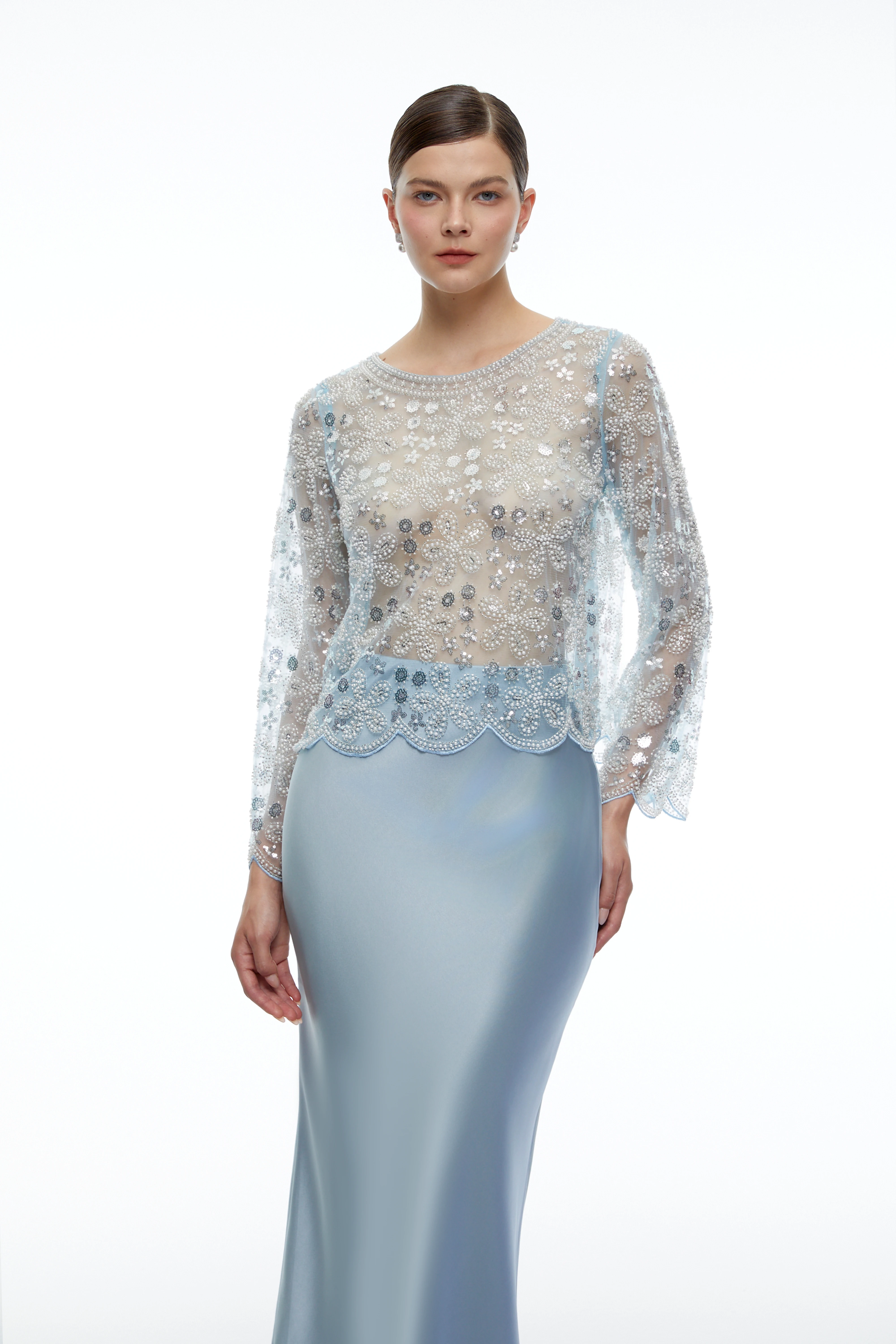 Rhiannon Blue Beaded Lace Top & Midi Skirt Set