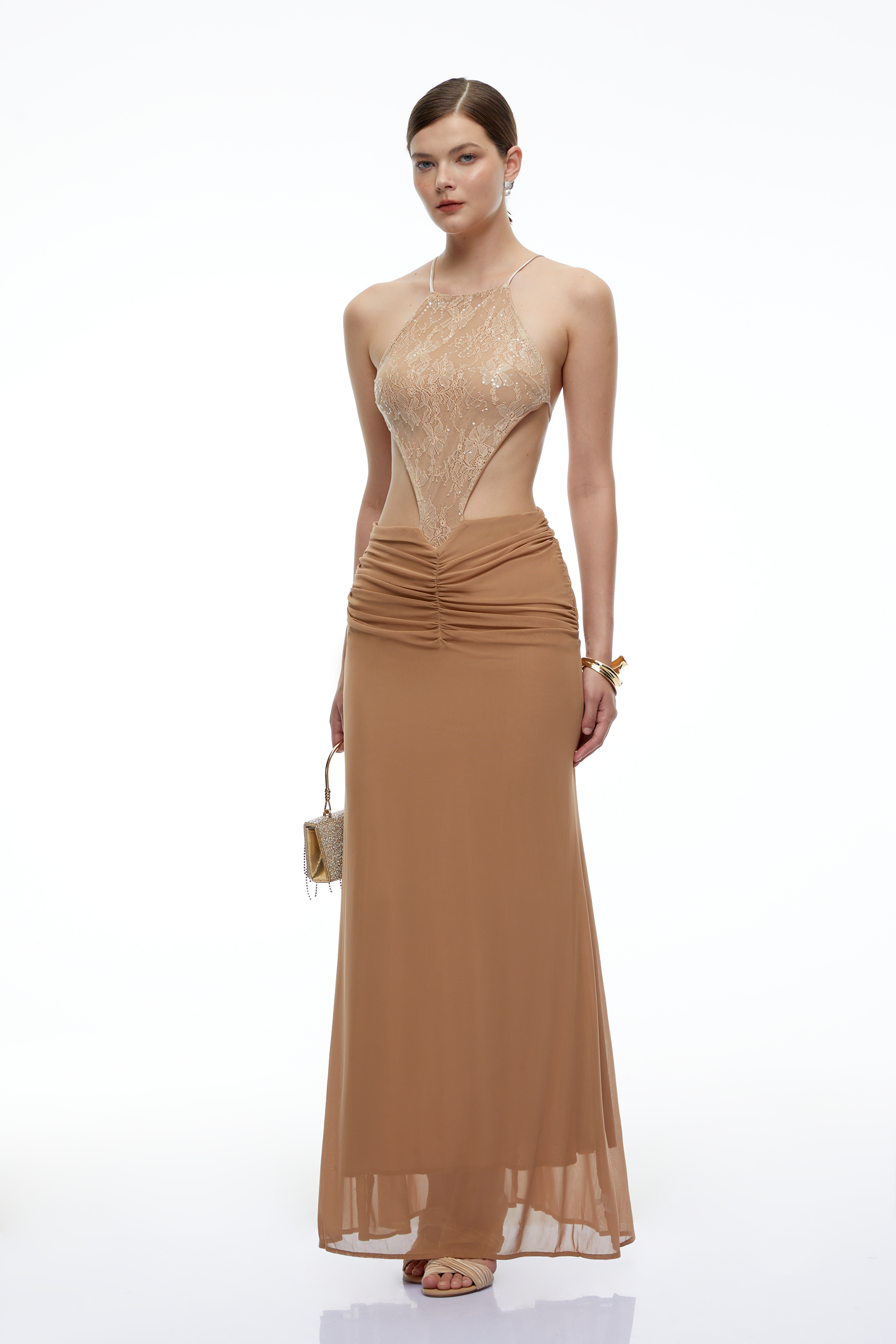 Ricarda Neutral Lace Cut-Out Ruched Maxi Dress