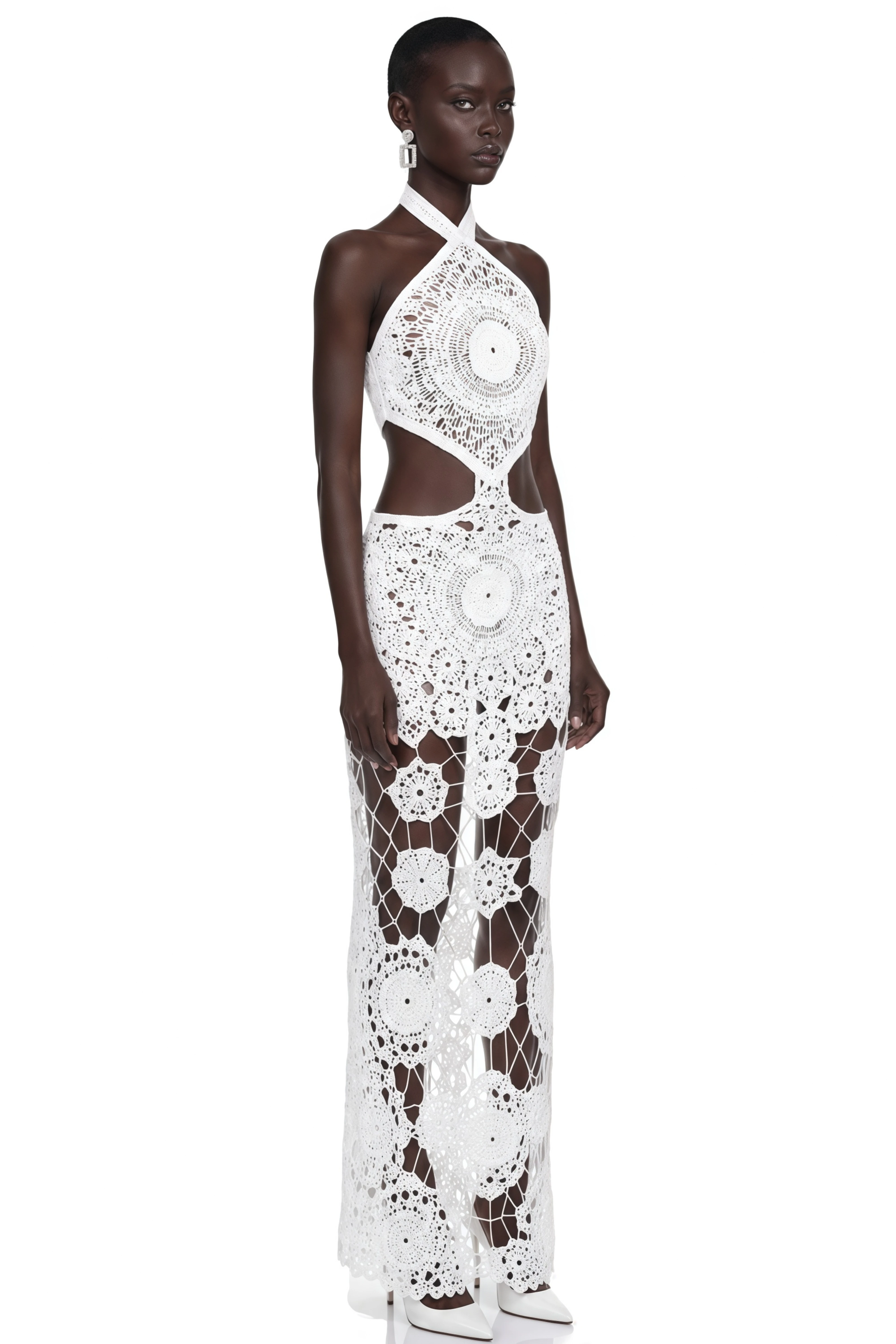 Rivka White Crochet Cut-Out Open Back Maxi Dress