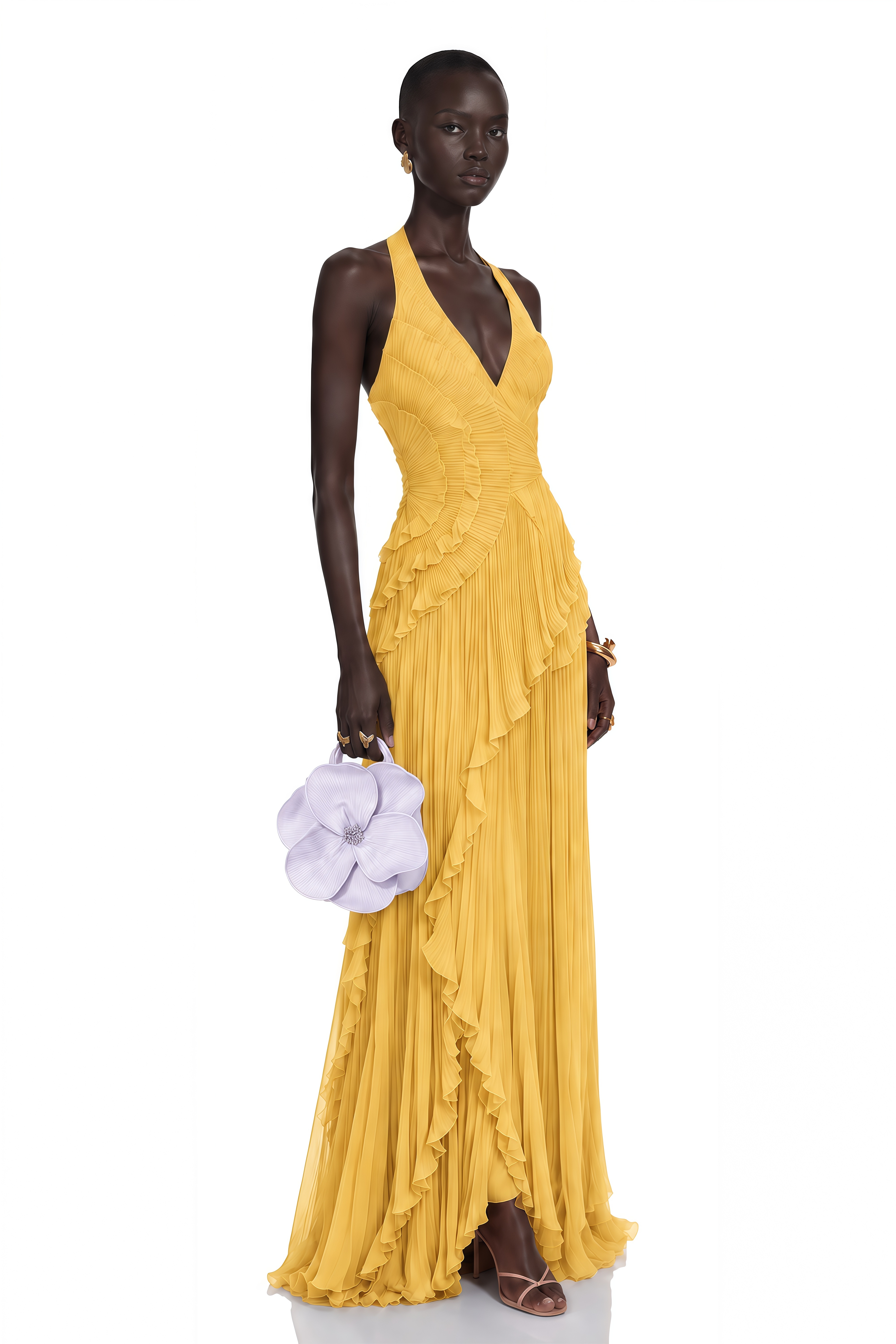 Romilda Yellow Pleated Halterneck Maxi Dress with Ruffles