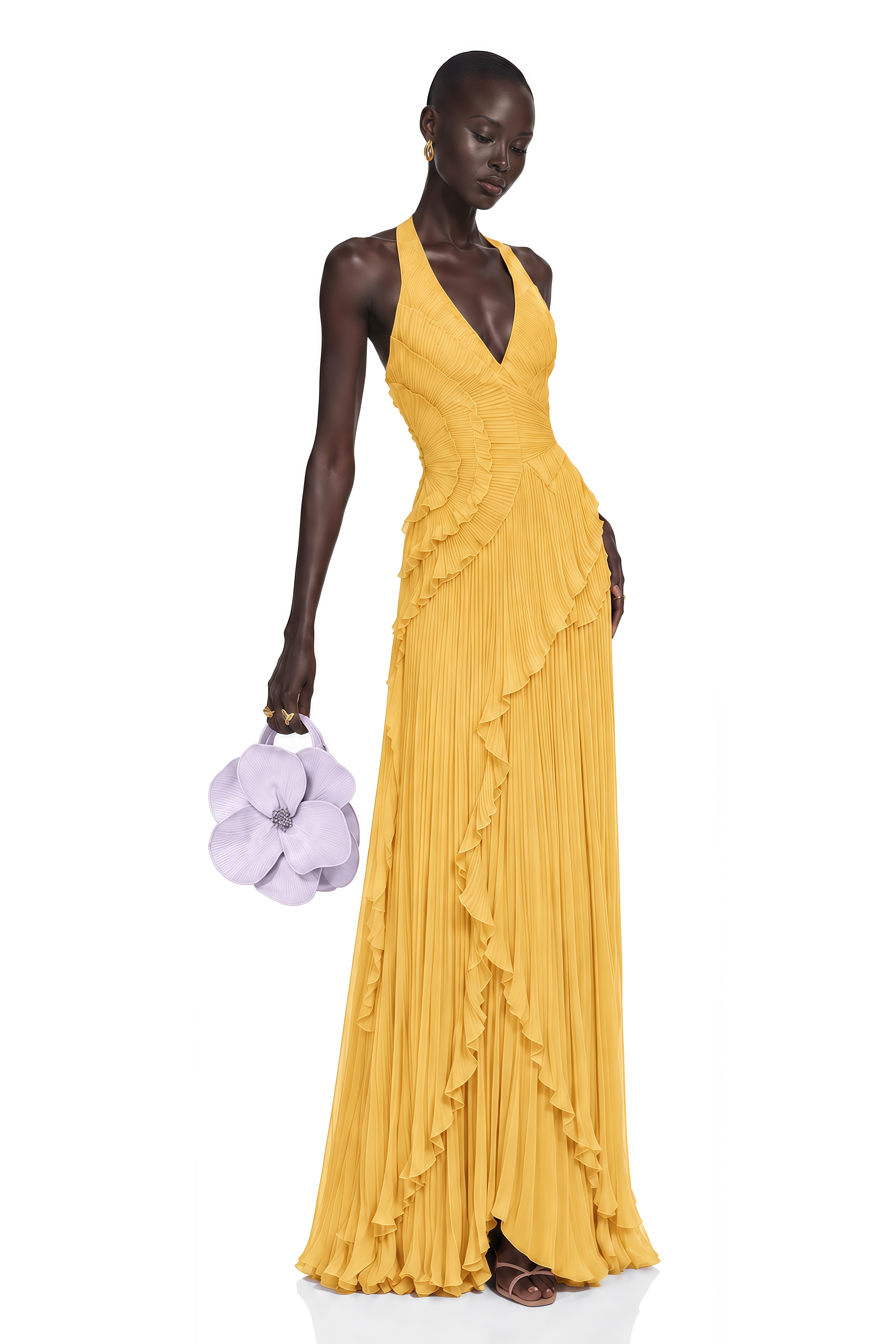 Romilda Yellow Pleated Halterneck Maxi Dress with Ruffles