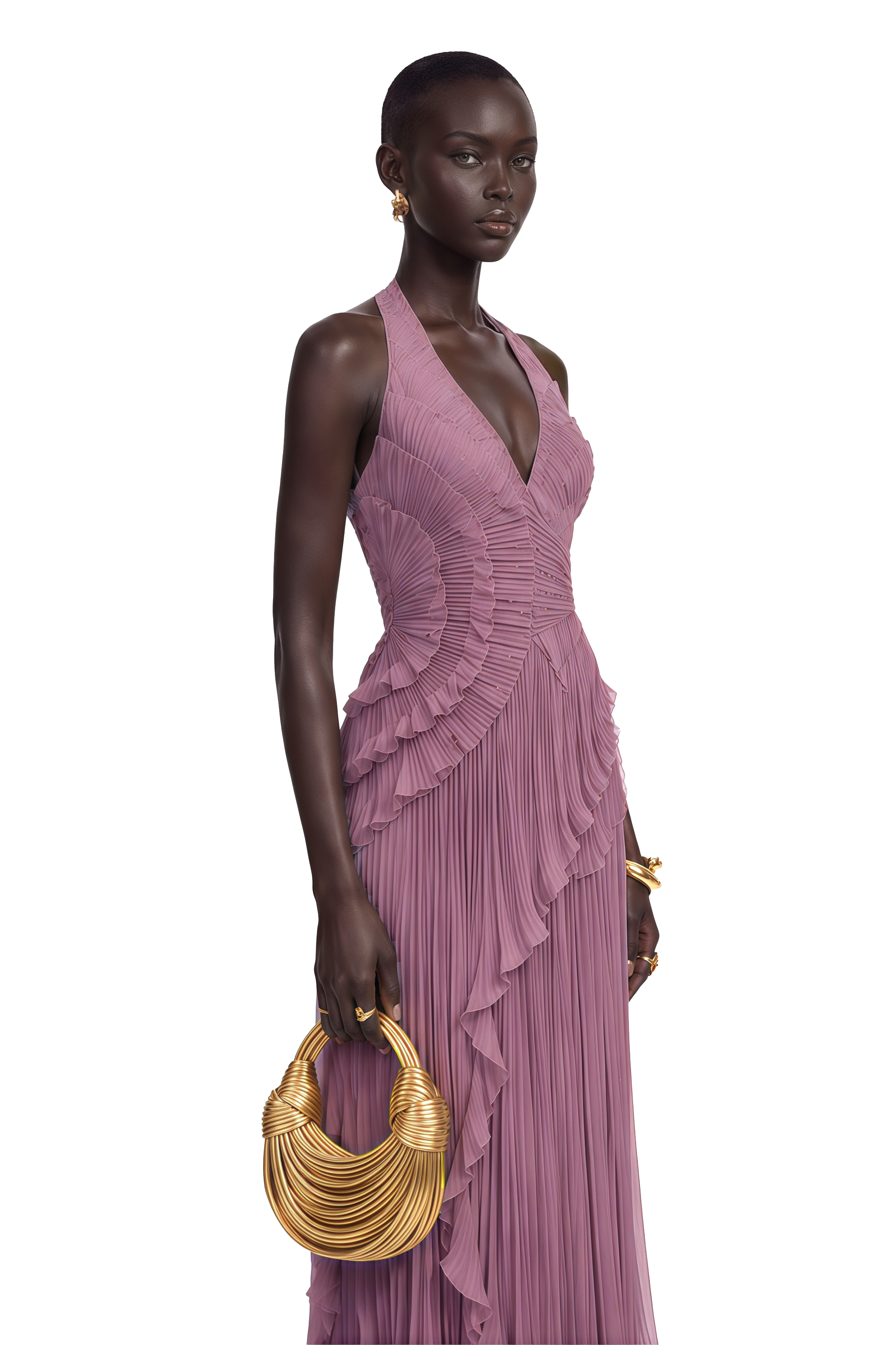 Romilda Purple Pleated Halterneck Maxi Dress with Ruffles
