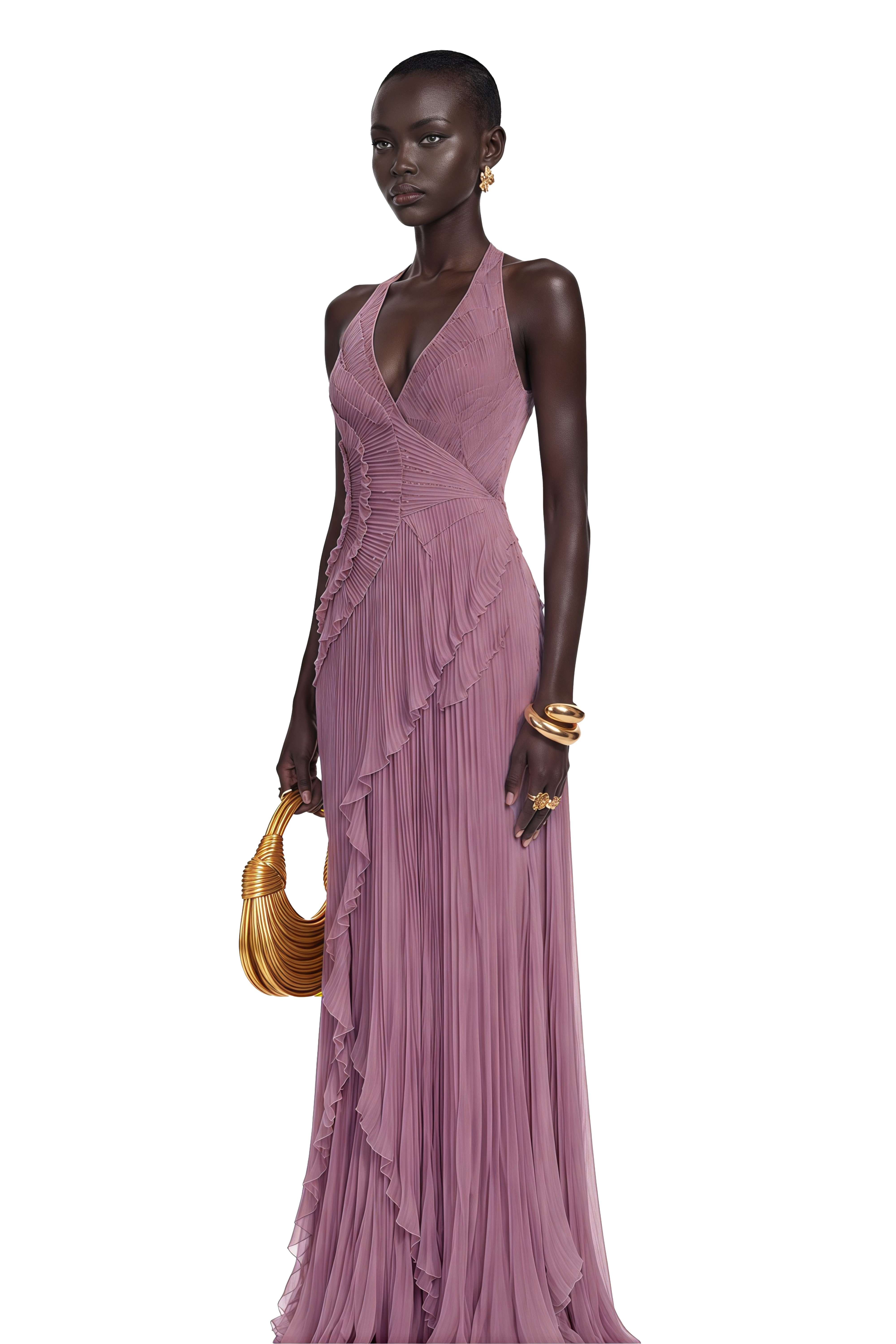 Romilda Purple Pleated Halterneck Maxi Dress with Ruffles