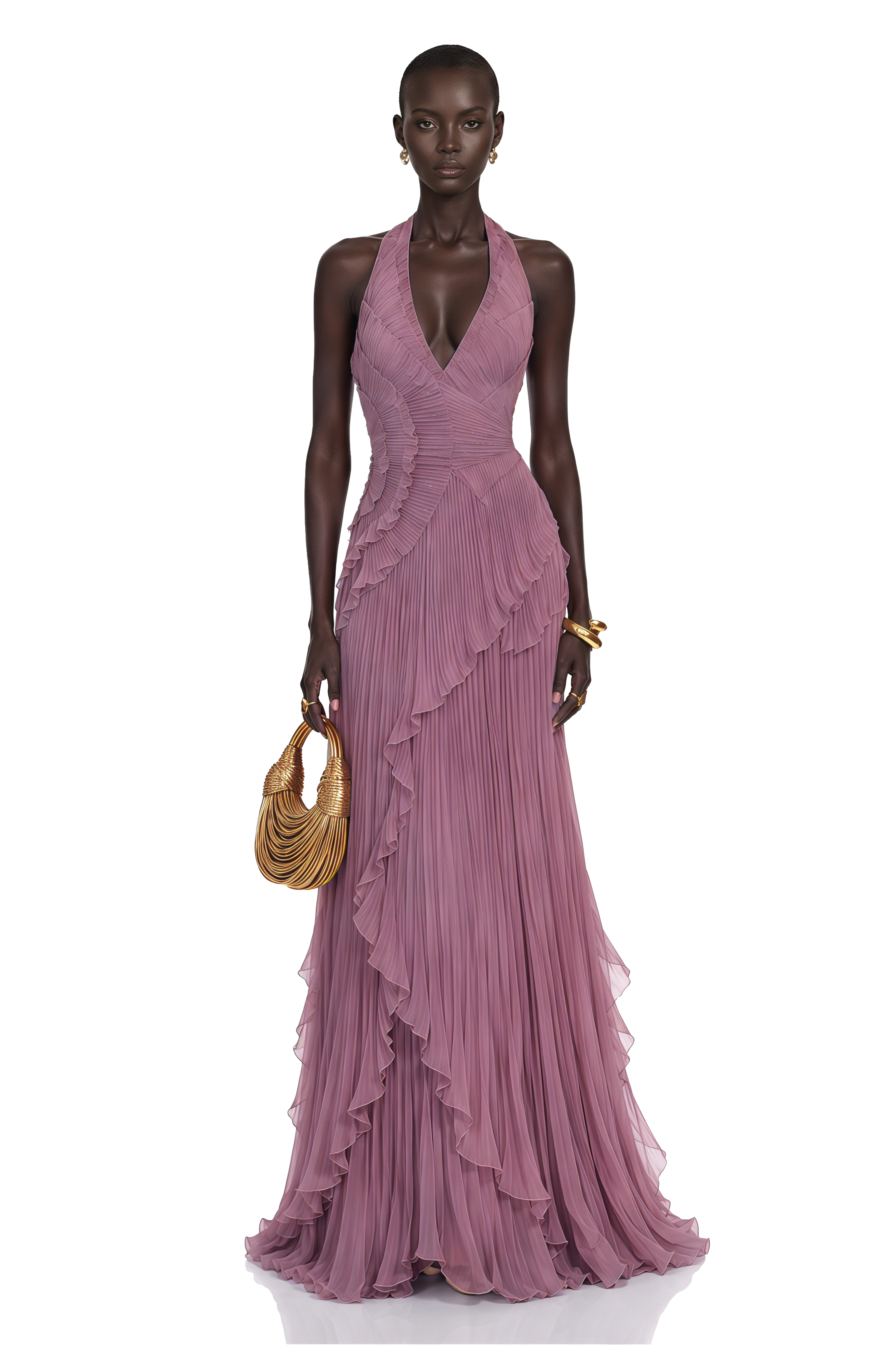 Romilda Purple Pleated Halterneck Maxi Dress with Ruffles