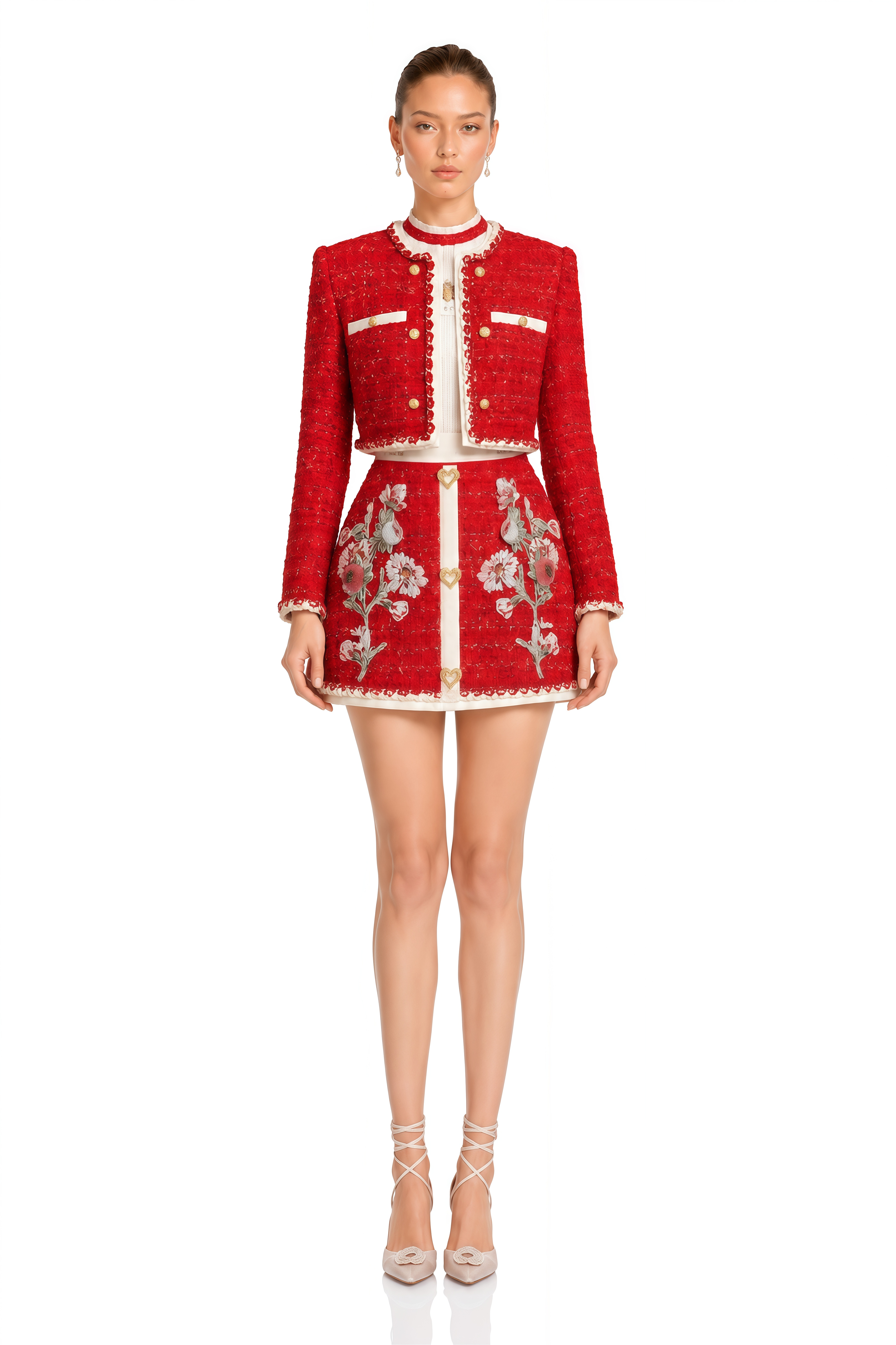 Romilly Red Embroidered Tweed Jacket & Skirt Set