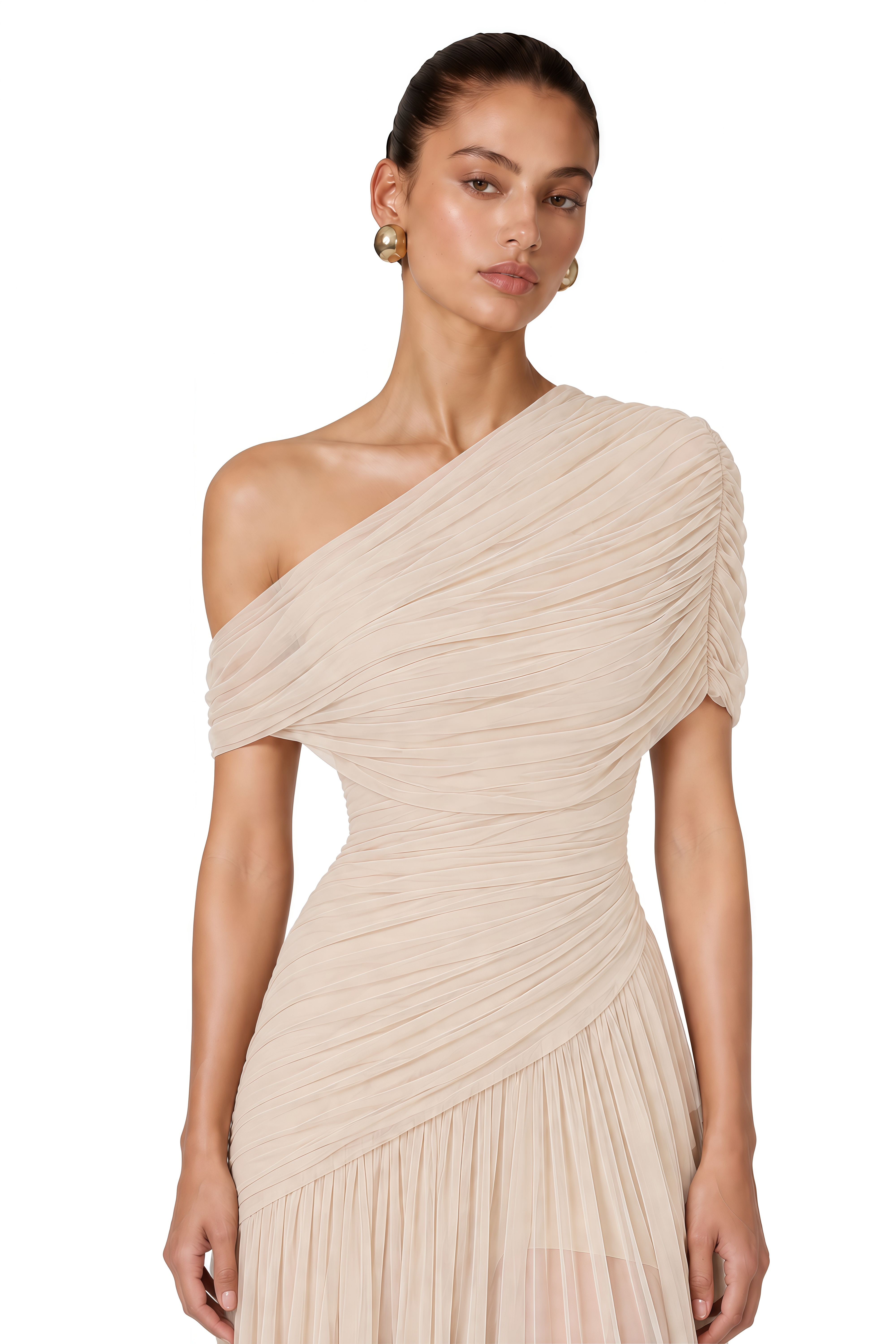 Rongo Neutral Asymmetrical One-Shoulder Ruched Maxi Dress