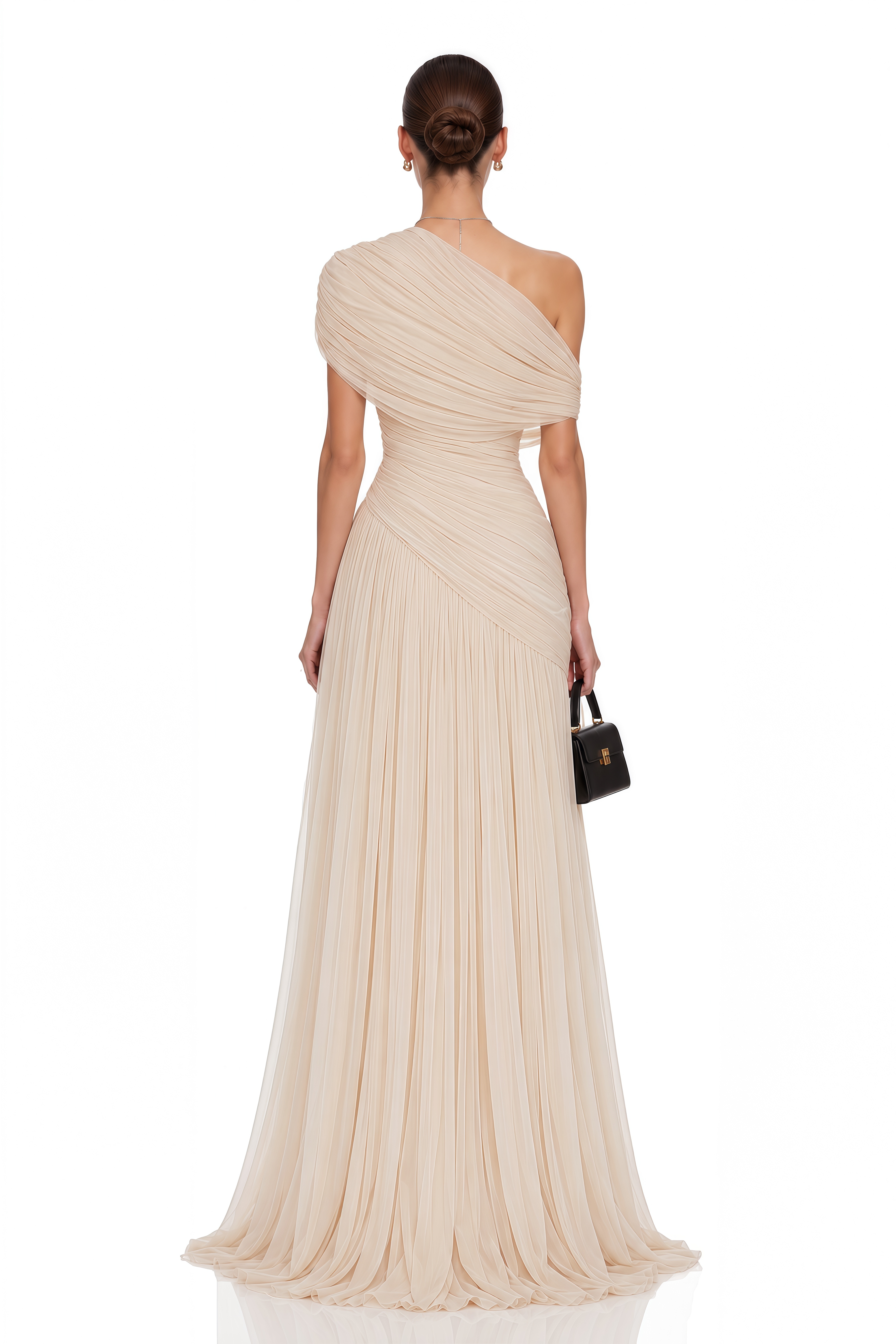 Rongo Neutral Asymmetrical One-Shoulder Ruched Maxi Dress