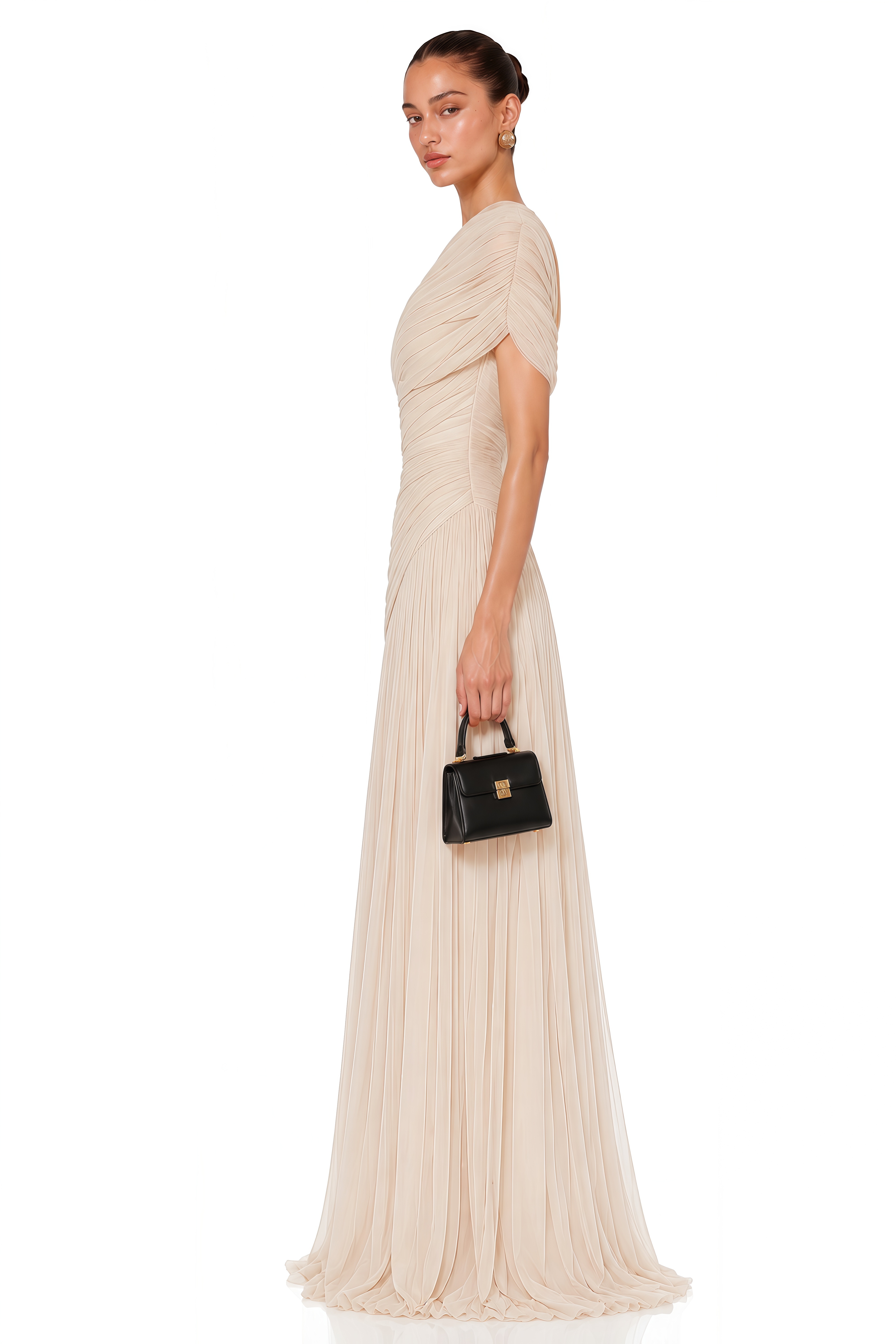 Rongo Neutral Asymmetrical One-Shoulder Ruched Maxi Dress