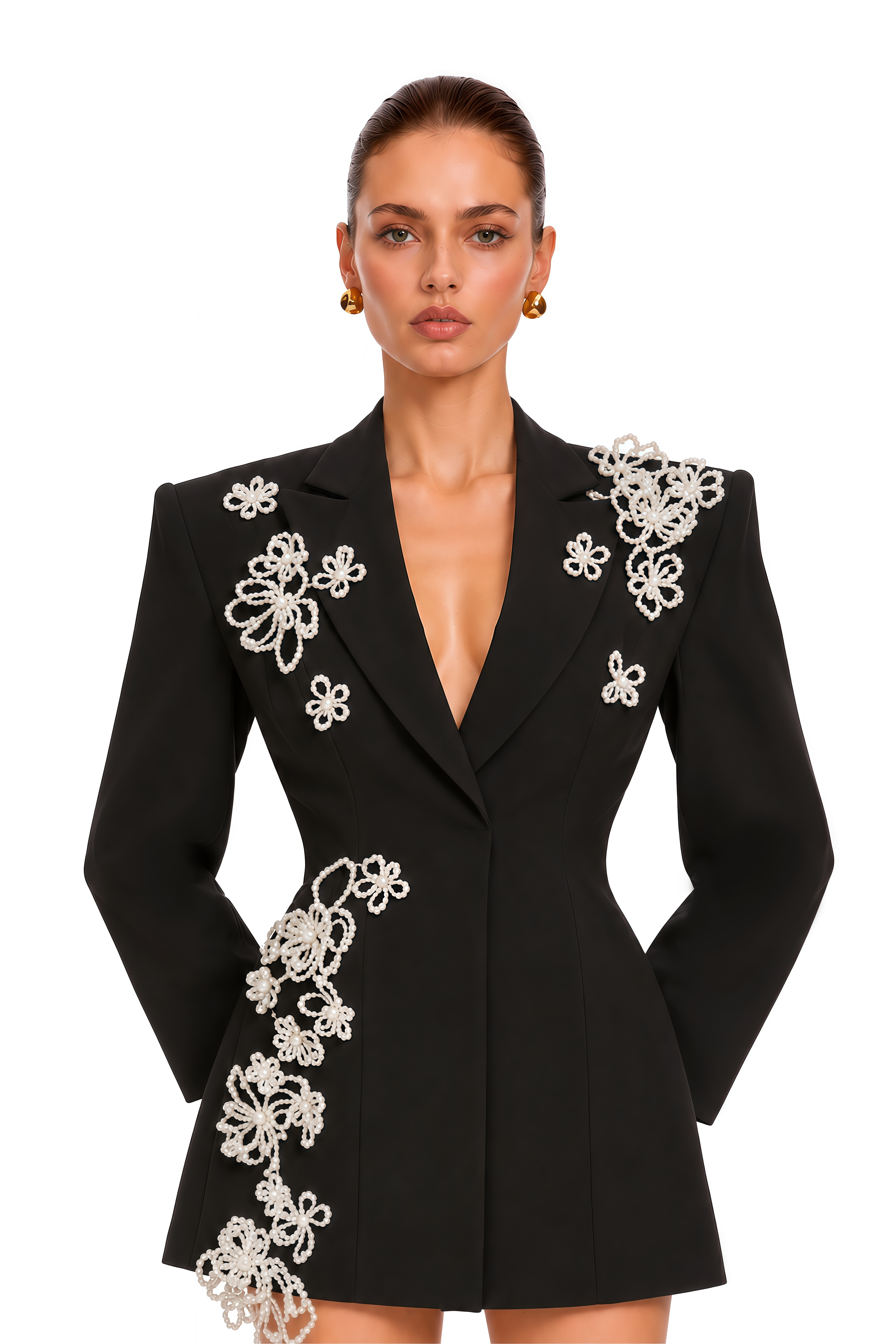Ronya Black Floral Applique Blazer Mini Dress