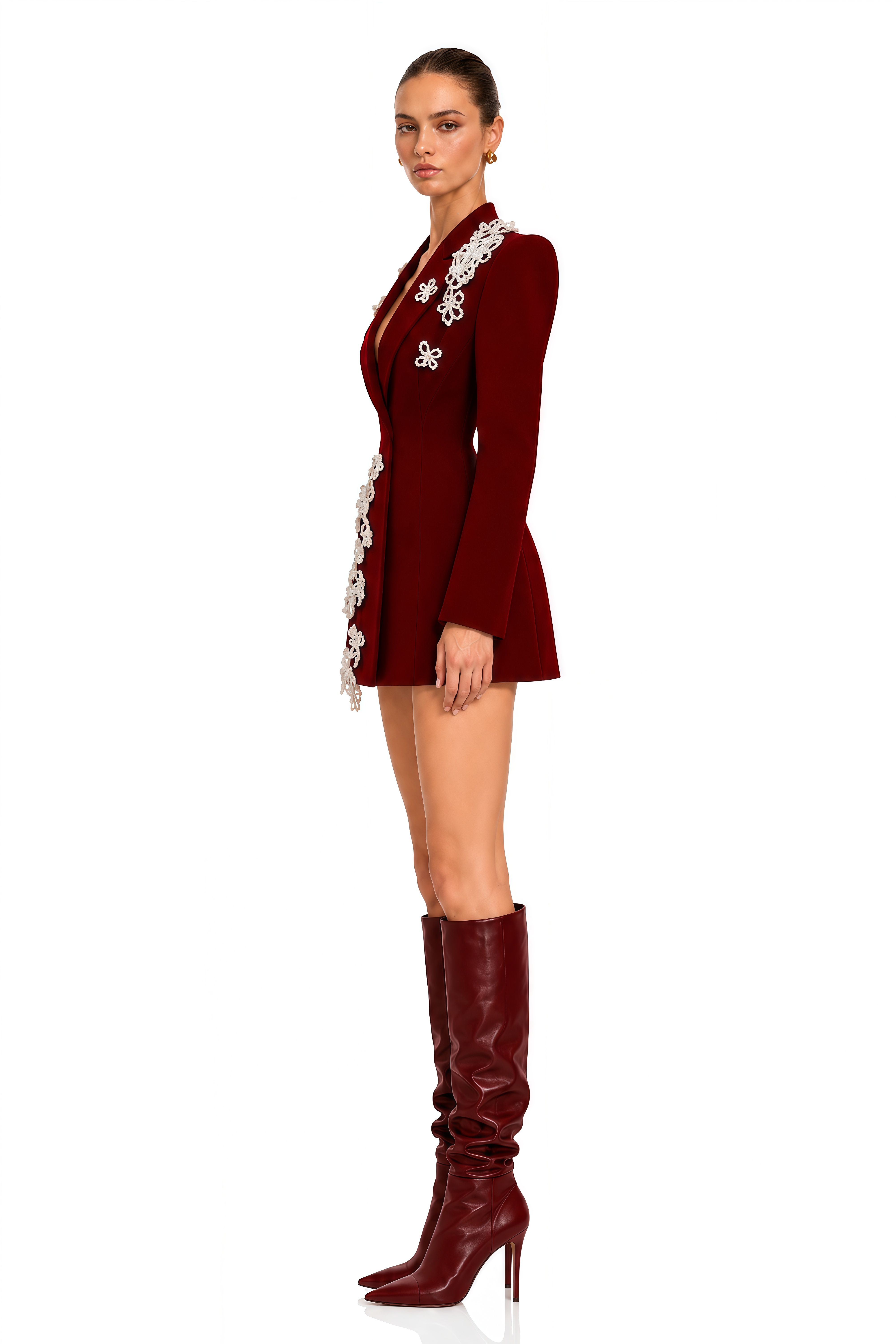 Ronya Burgundy Floral Applique Blazer Mini Dress