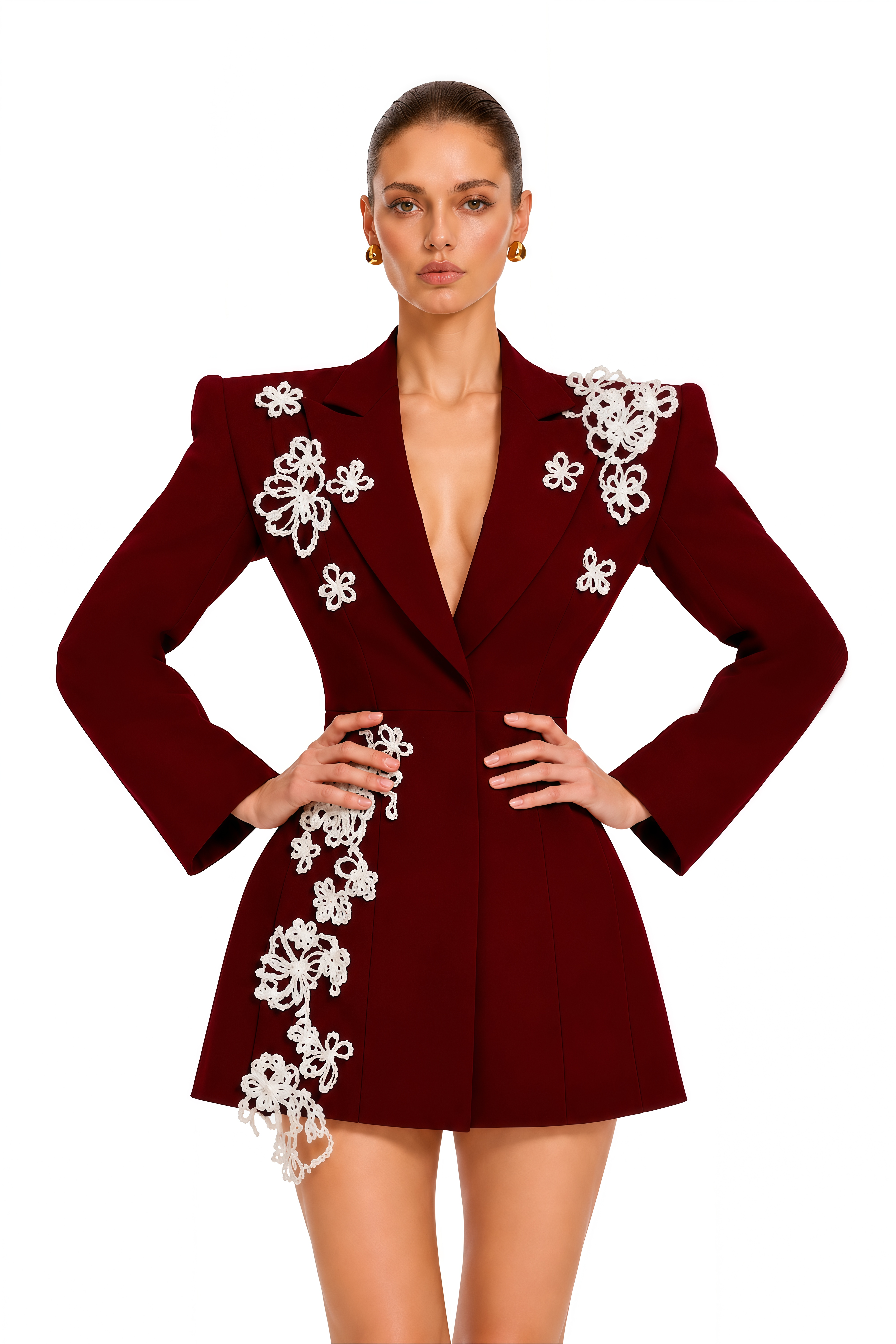 Ronya Burgundy Floral Applique Blazer Mini Dress