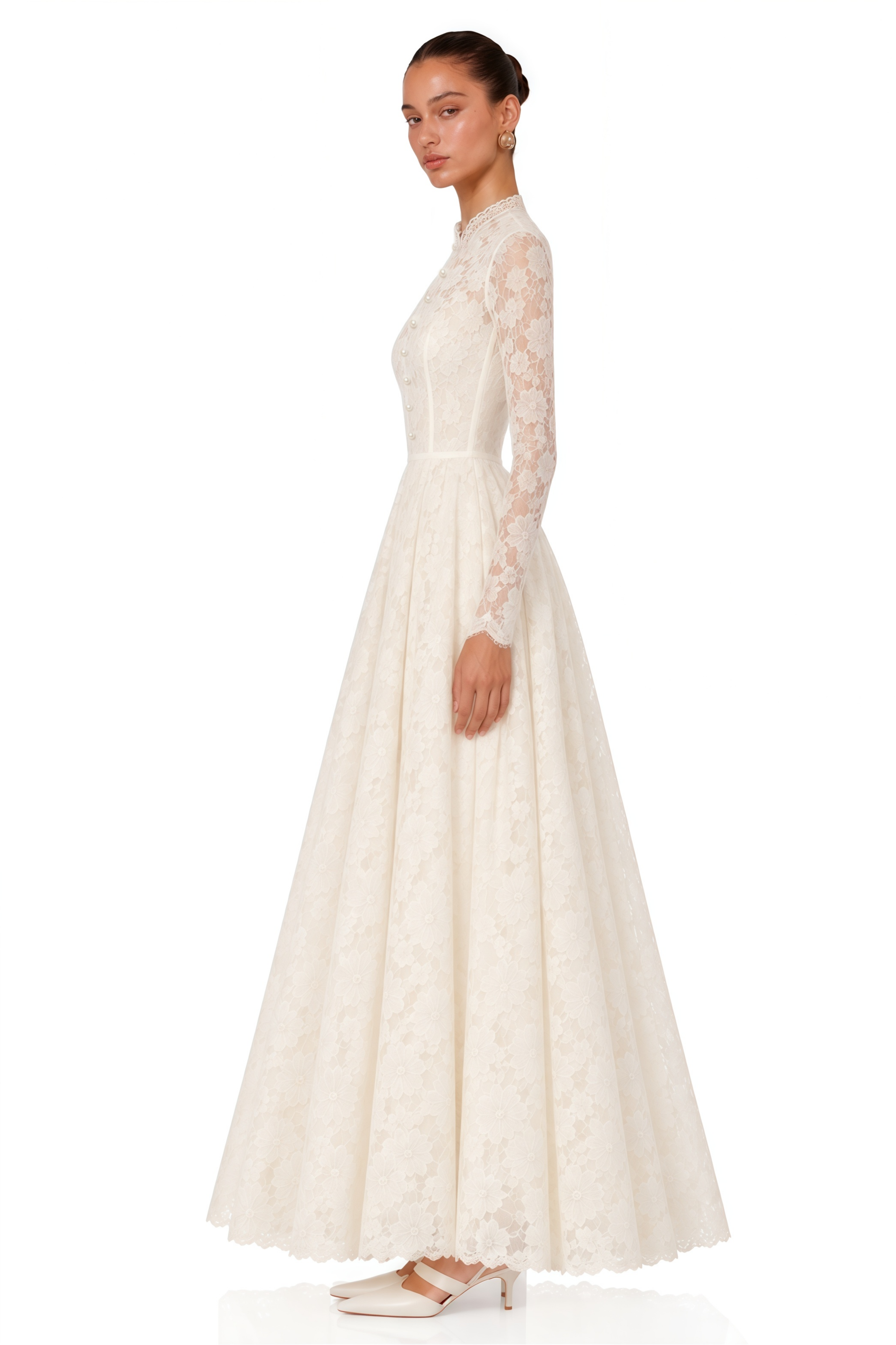 Rosalia White High Neck Long Sleeves Lace Maxi Dress