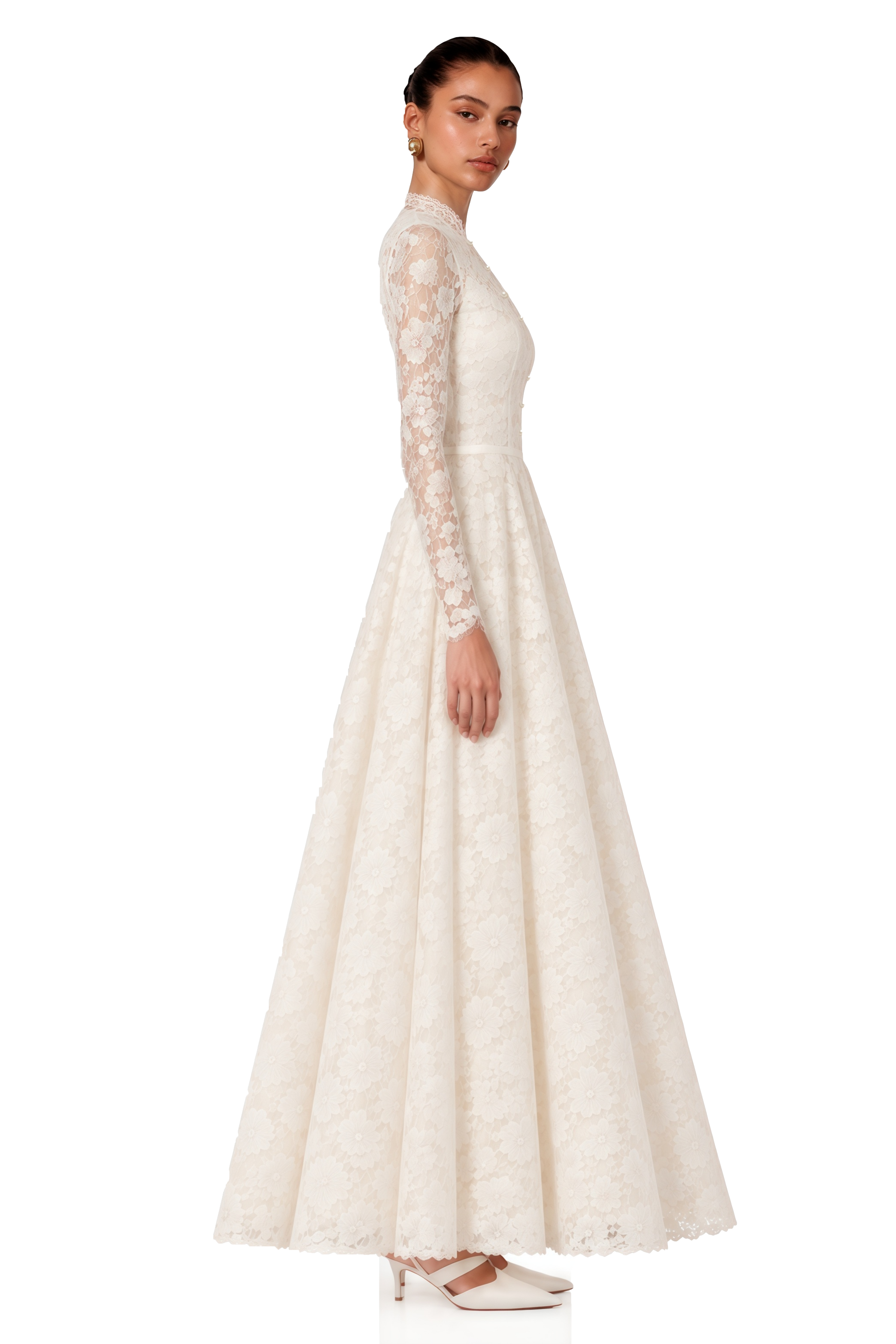 Rosalia White High Neck Long Sleeves Lace Maxi Dress