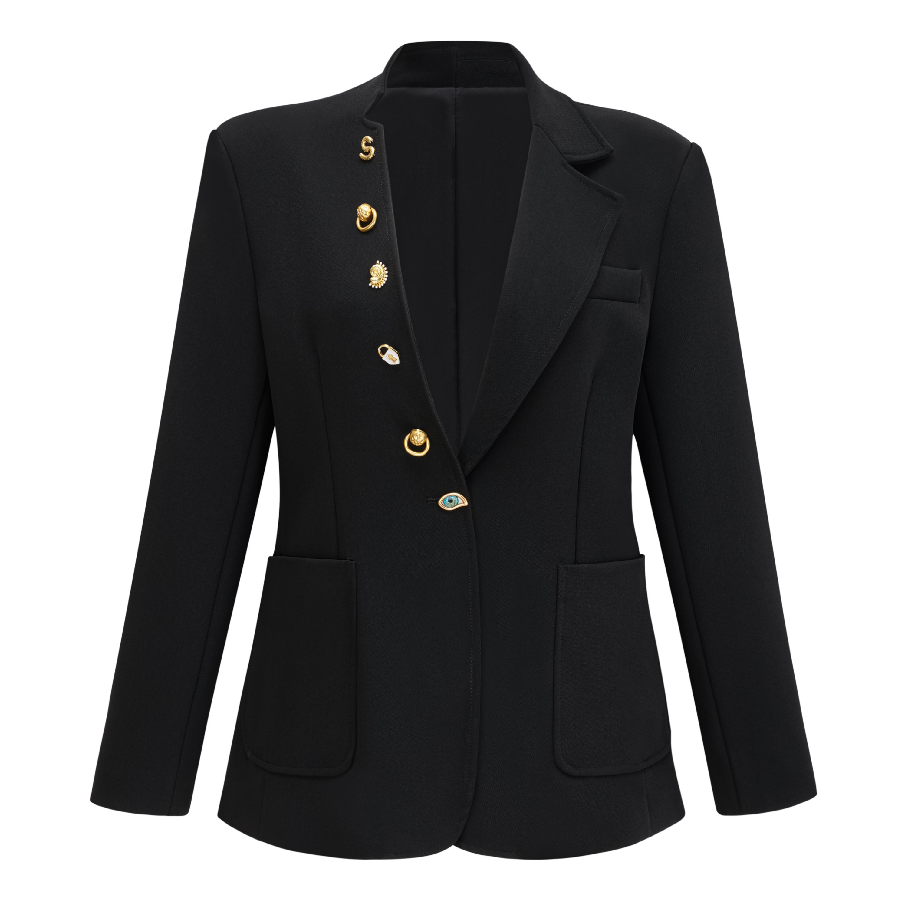 Rosalie Black Asymmetrical Decorative Button Blazer