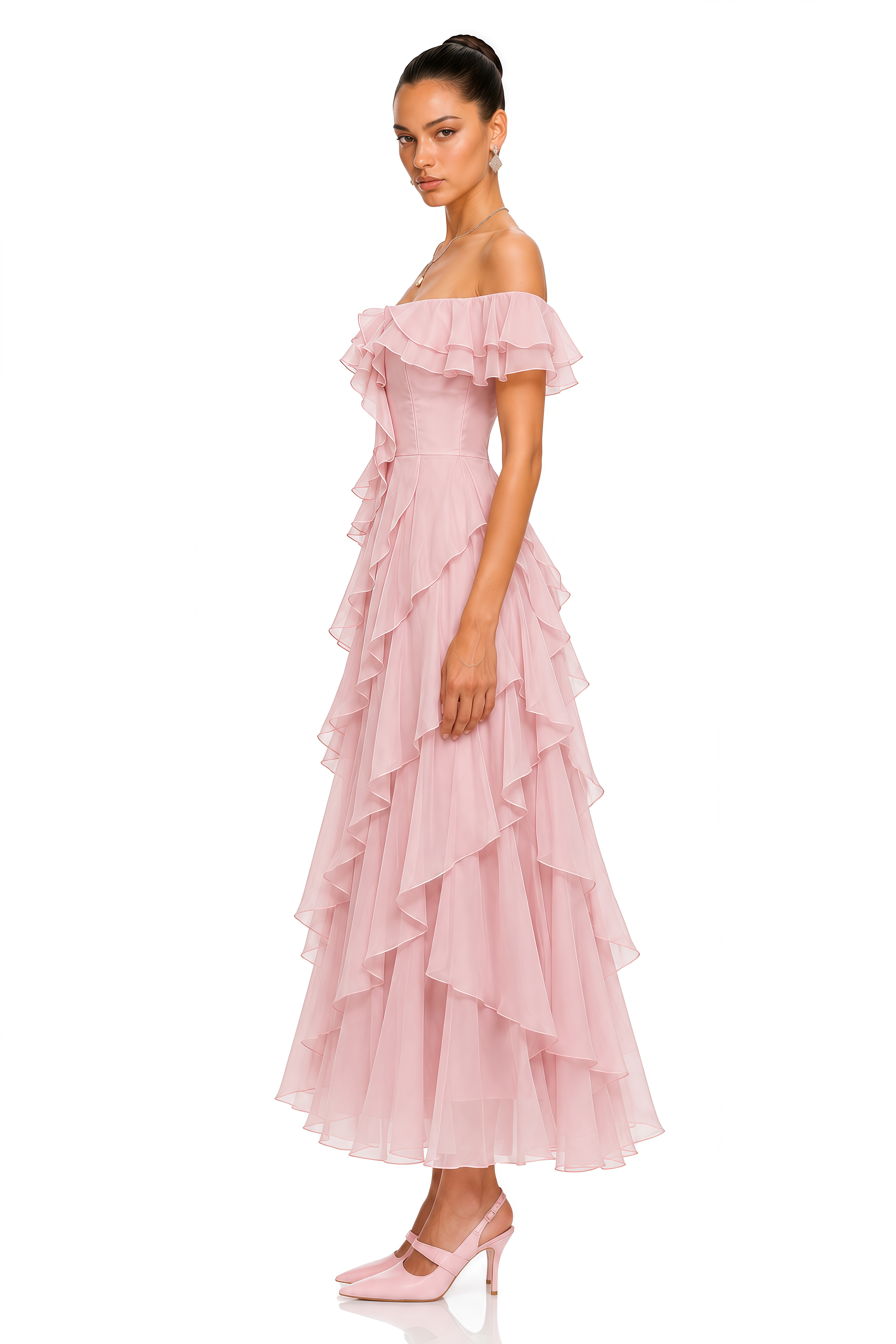 Rosalie Pink Off Shoulder Tiered Ruffle Maxi Dress